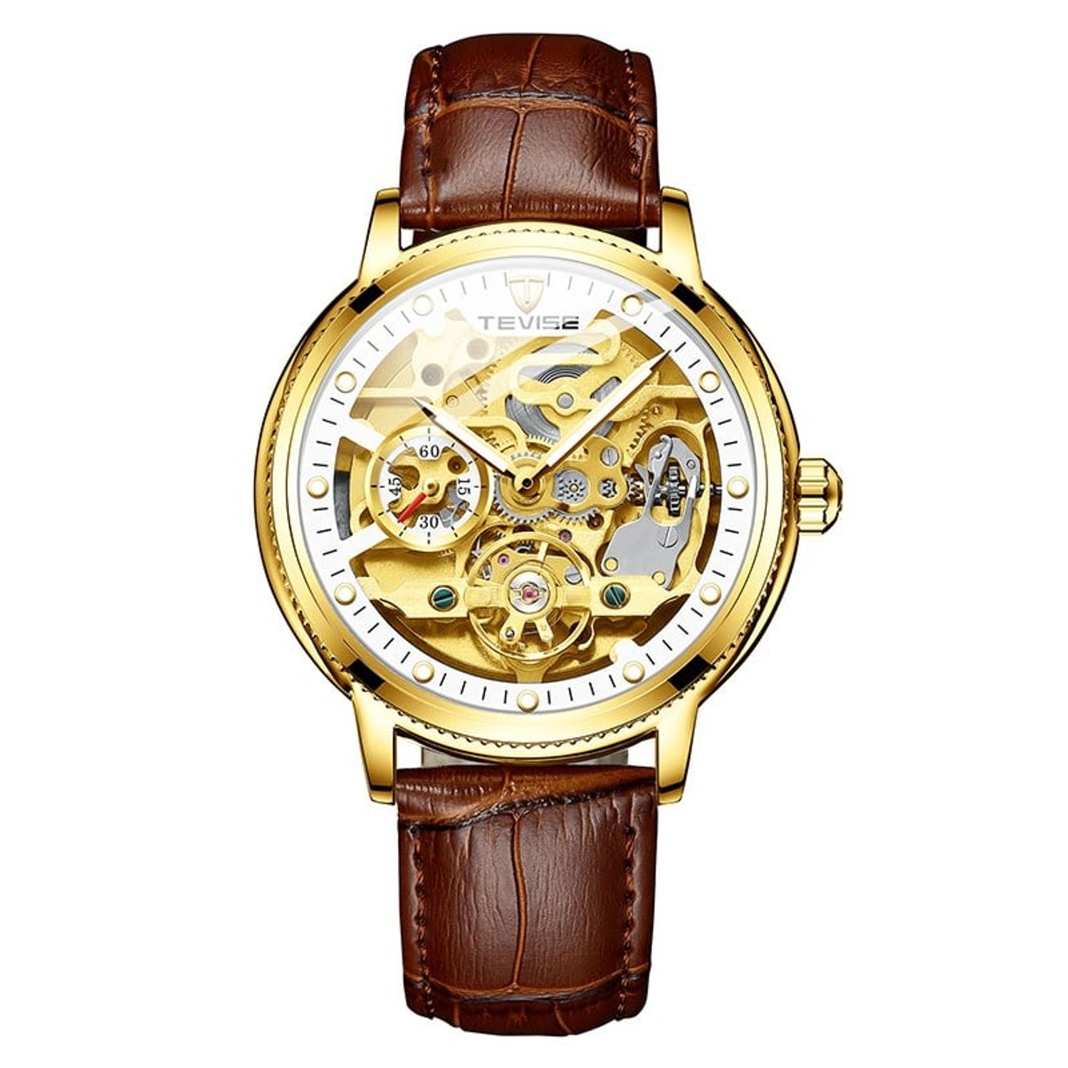 Ceas de mana barbatesc Tevise Mecanic Automatic Skeleton Analog Elegant Maro fotografia produsului View 2 L