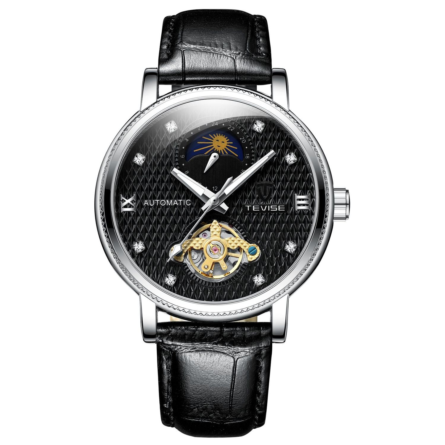 Ceas barbatesc de mana Tevise Mecanic Automatic Analog Elegant Business Piele Negru fotografia produsului