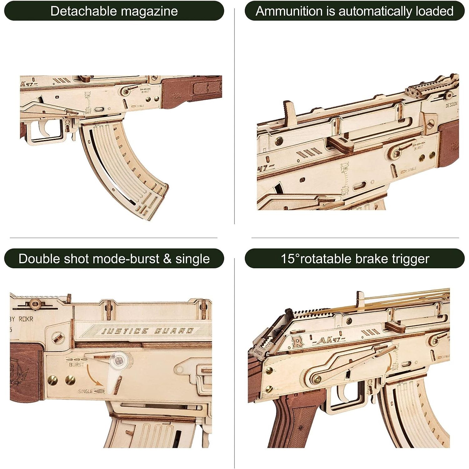 Puzzle 3D, Mitraliera AK-47, ROKR, Lemn, 315 piese fotografia produsului View 5 L
