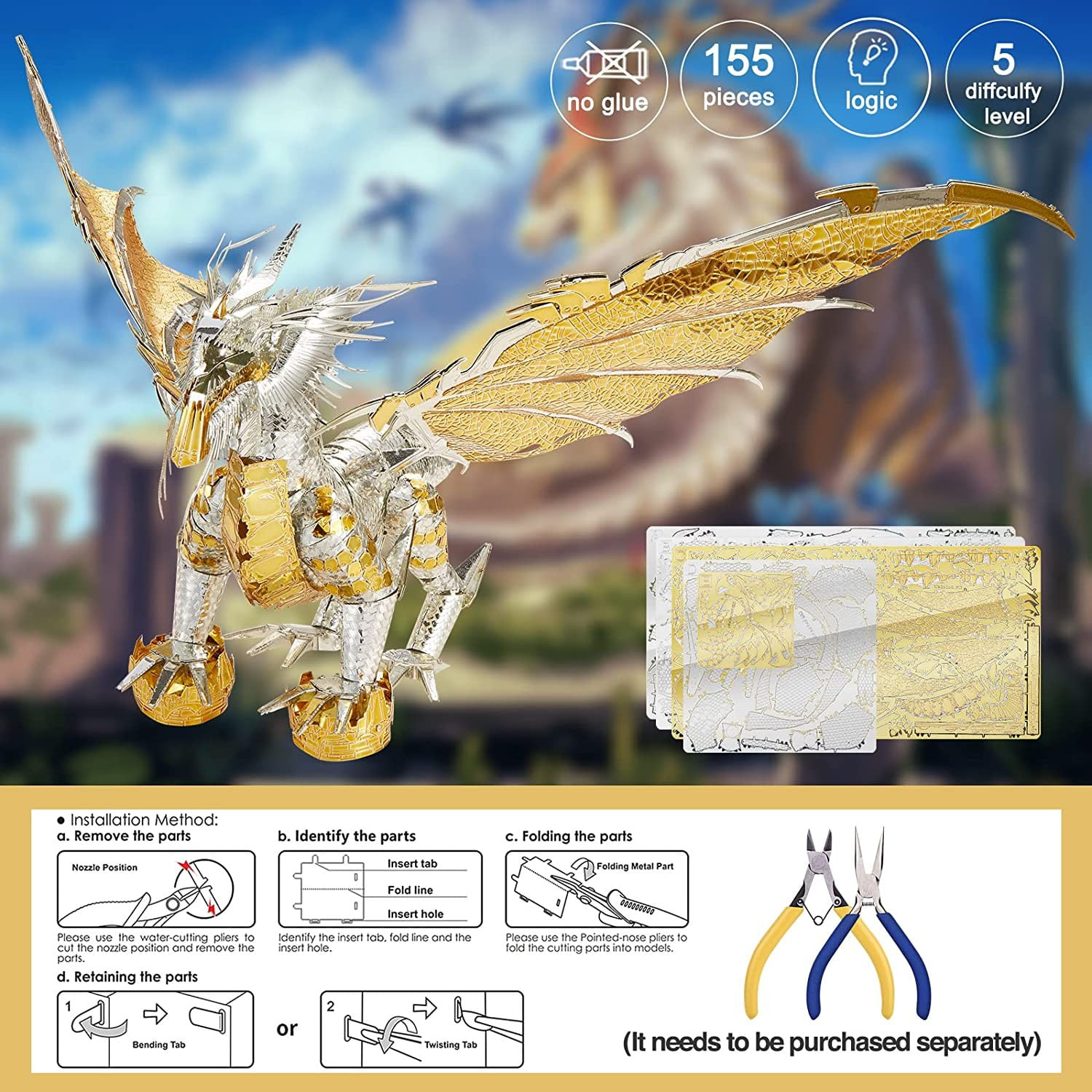 Puzzle 3D Piececool, Dragonul Glorystrom, Metal, 155 piese fotografia produsului View 4 L