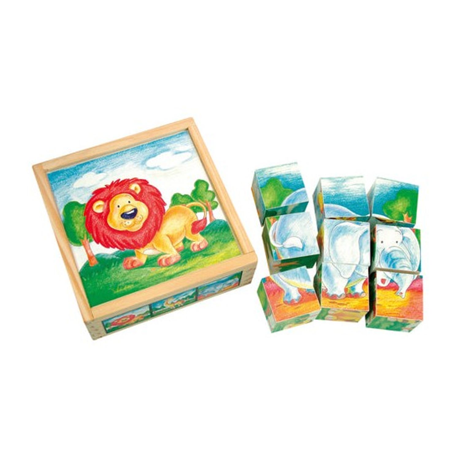 Set Bino Cuburi de Lemn Animale Salbatice 9 Piese fotografia produsului