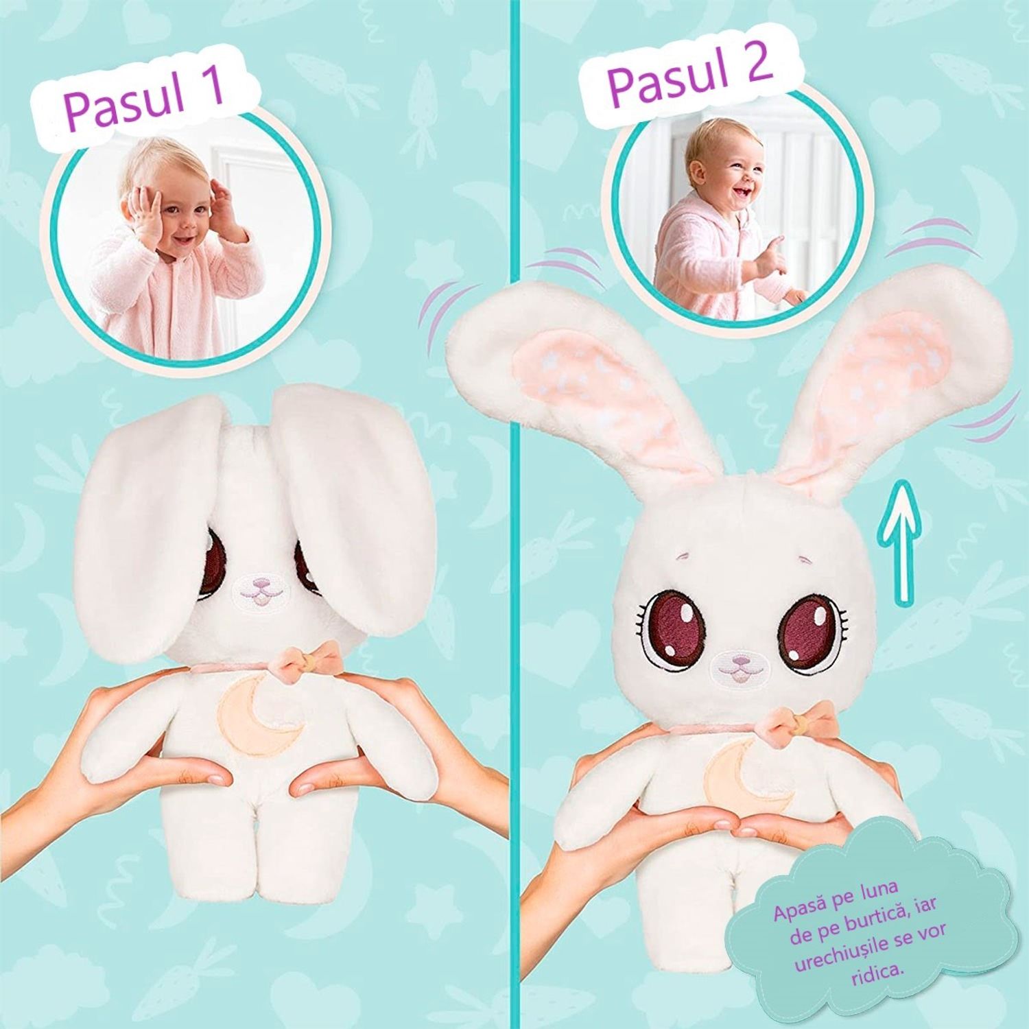 Jucarie de plus Peekapets Iepuras alb cu urechi mobile 28 cm fotografia produsului View 6 L