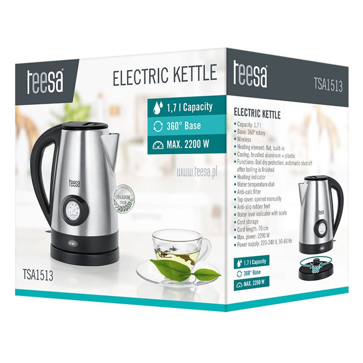 Fierbator Electric Cordless 1.7l, 2200W,  Teesa fotografia produsului View 2 L