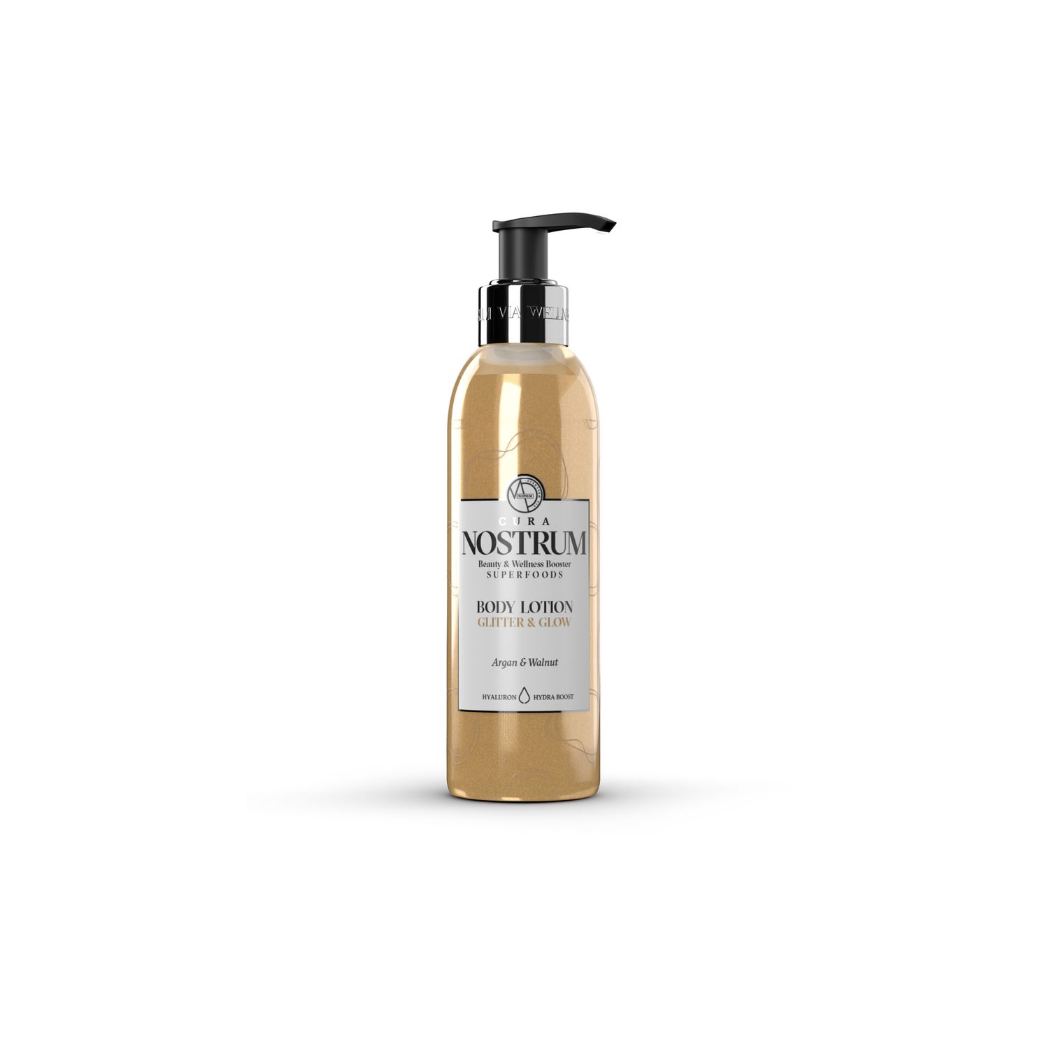 Lotiune de corp naturala si vegana cu sclipici fin auriu Cura Nostrum, intens hidratanta cu acid hialuronic fotografia produsului