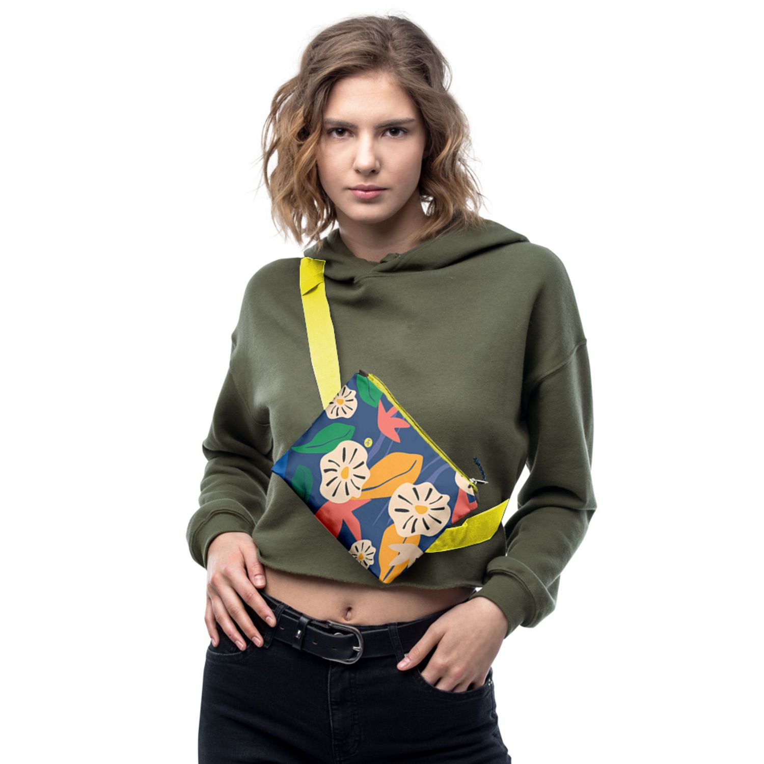Borseta Handmade Fanny Pack, Pattern cu Flori Hawaiene, Multicolor, 22x19 cm fotografia produsului View 4 L