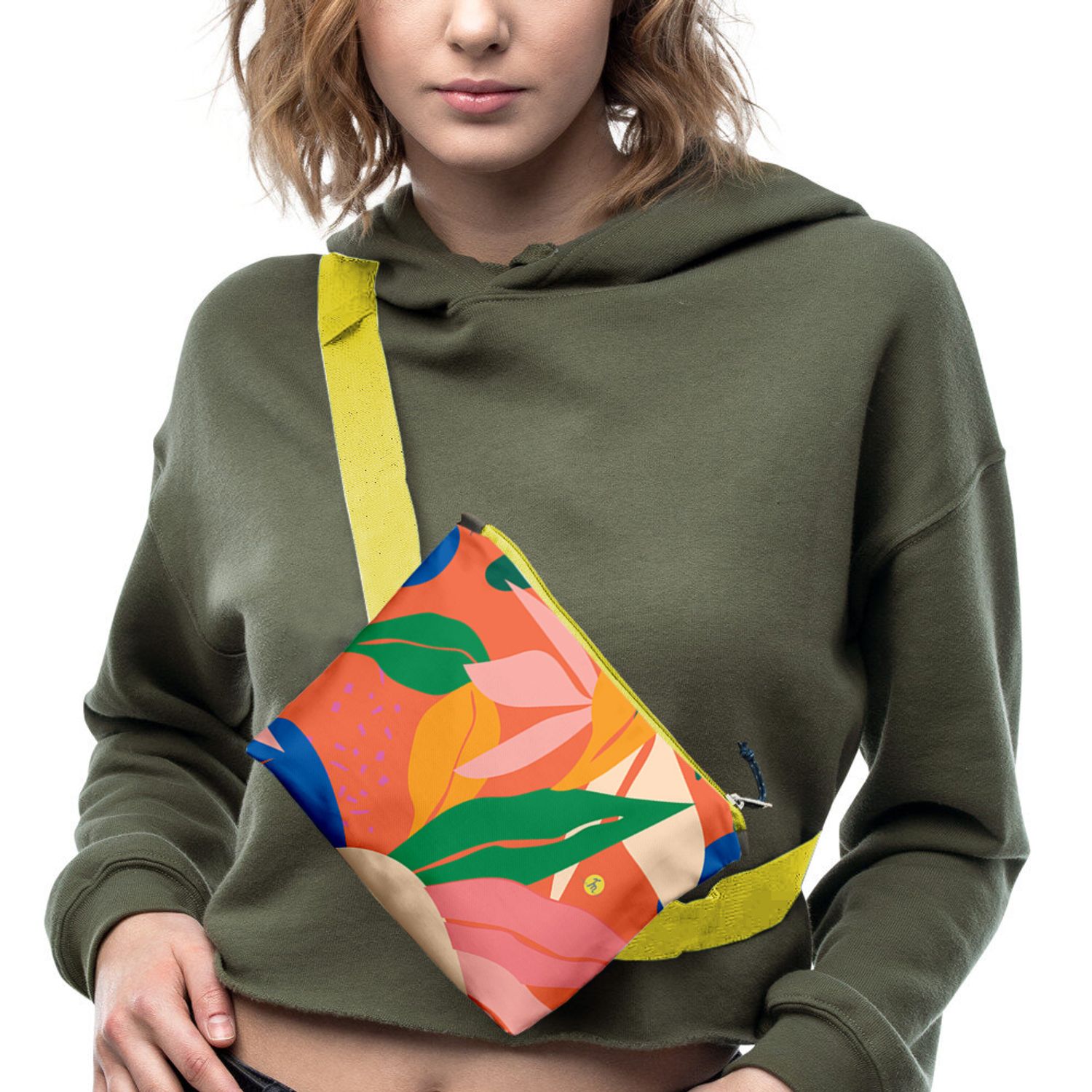 Borseta Handmade Fanny Pack, Pattern cu Frunze Exotice, Multicolor, 22x19 cm fotografia produsului View 2 L