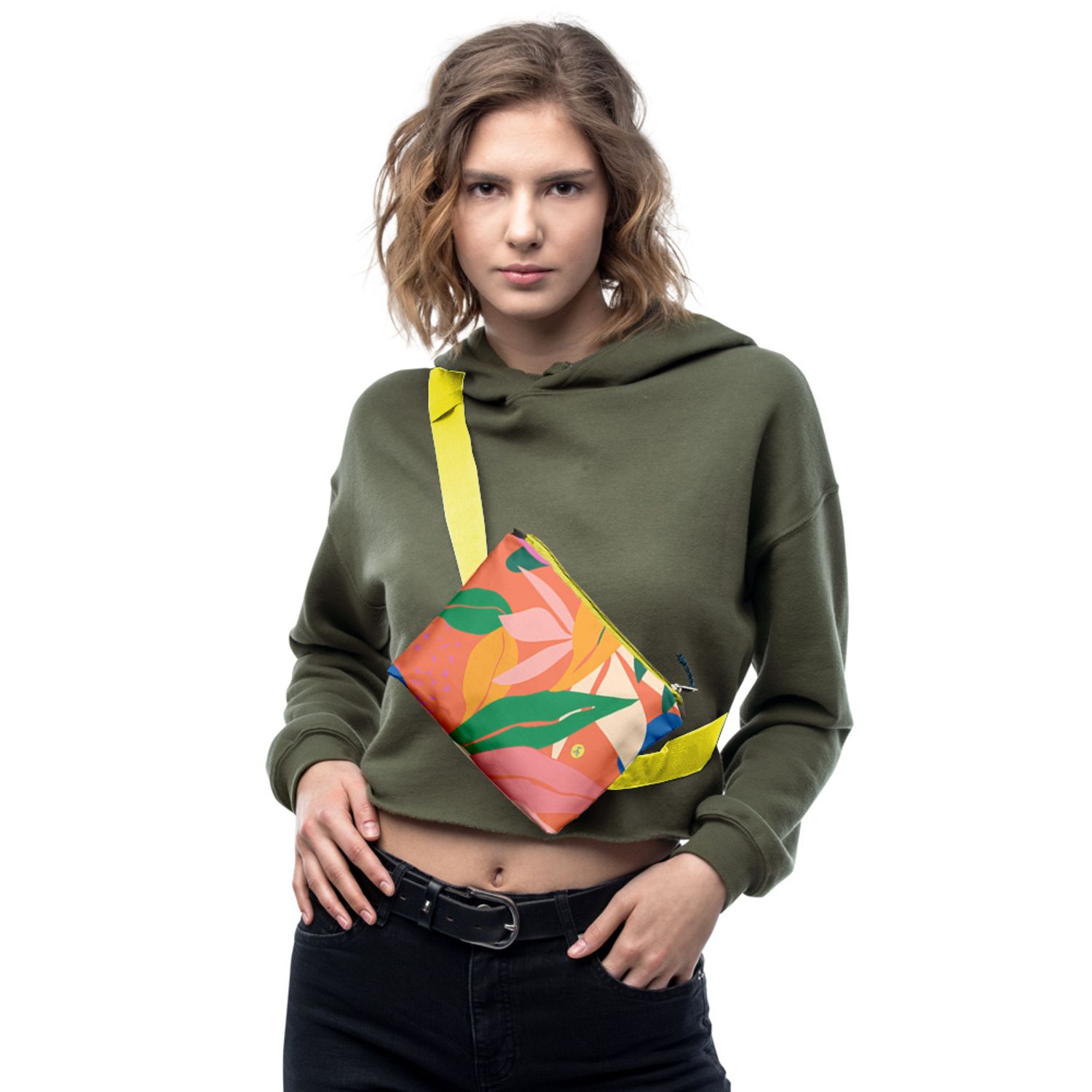 Borseta Handmade Fanny Pack, Pattern cu Frunze Exotice, Multicolor, 22x19 cm fotografia produsului View 4 L