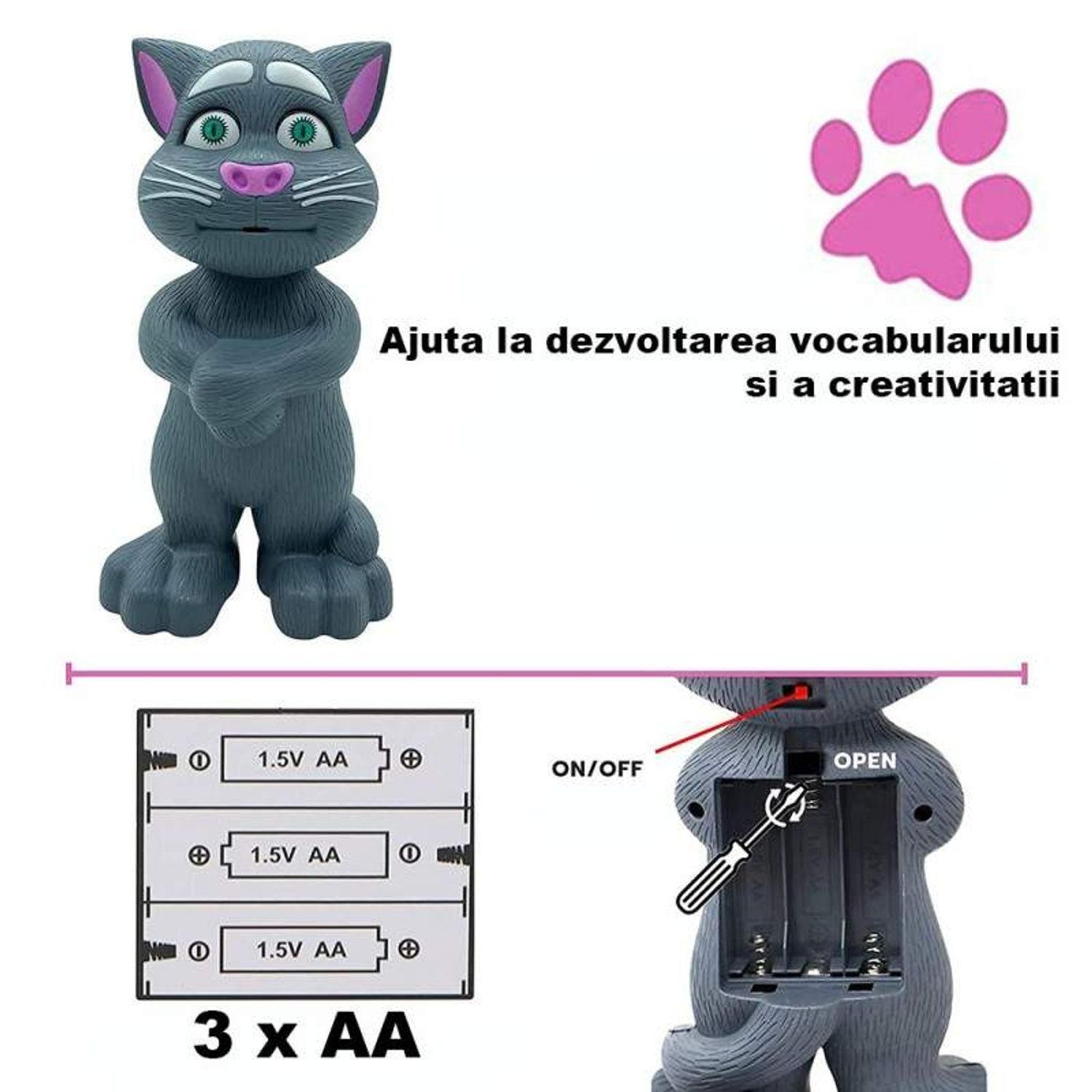 Jucarie Inteligenta Talking Tom SIKS, cu Sunet, Gri, 20 cm fotografia produsului View 4 L