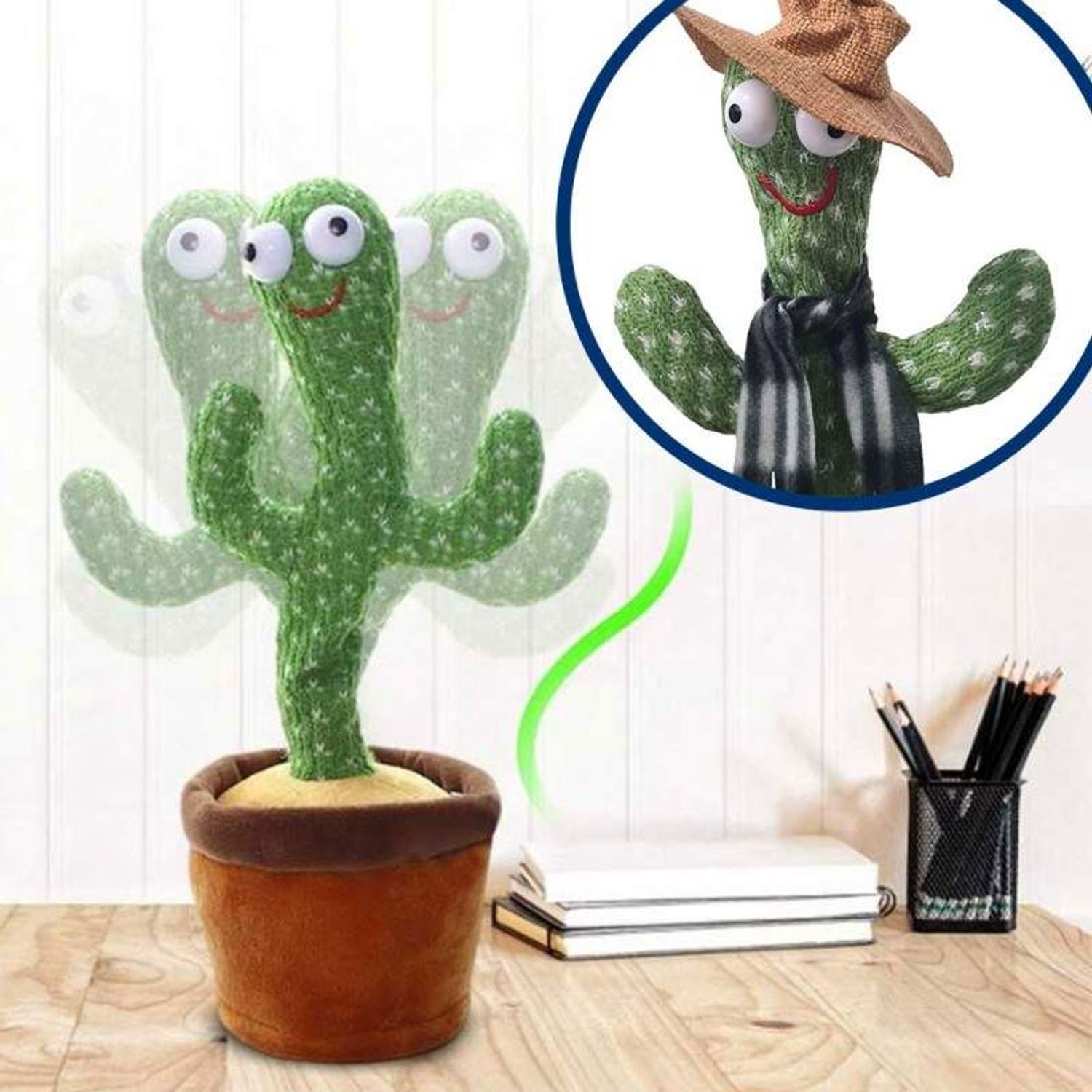 Jucarie interactiva SIKS Cactus Vorbitor, Danseaza, Imita, Canta, Educativ, 32 cm, cu USB, Fular, Palarie Bej fotografia produsului View 2 L