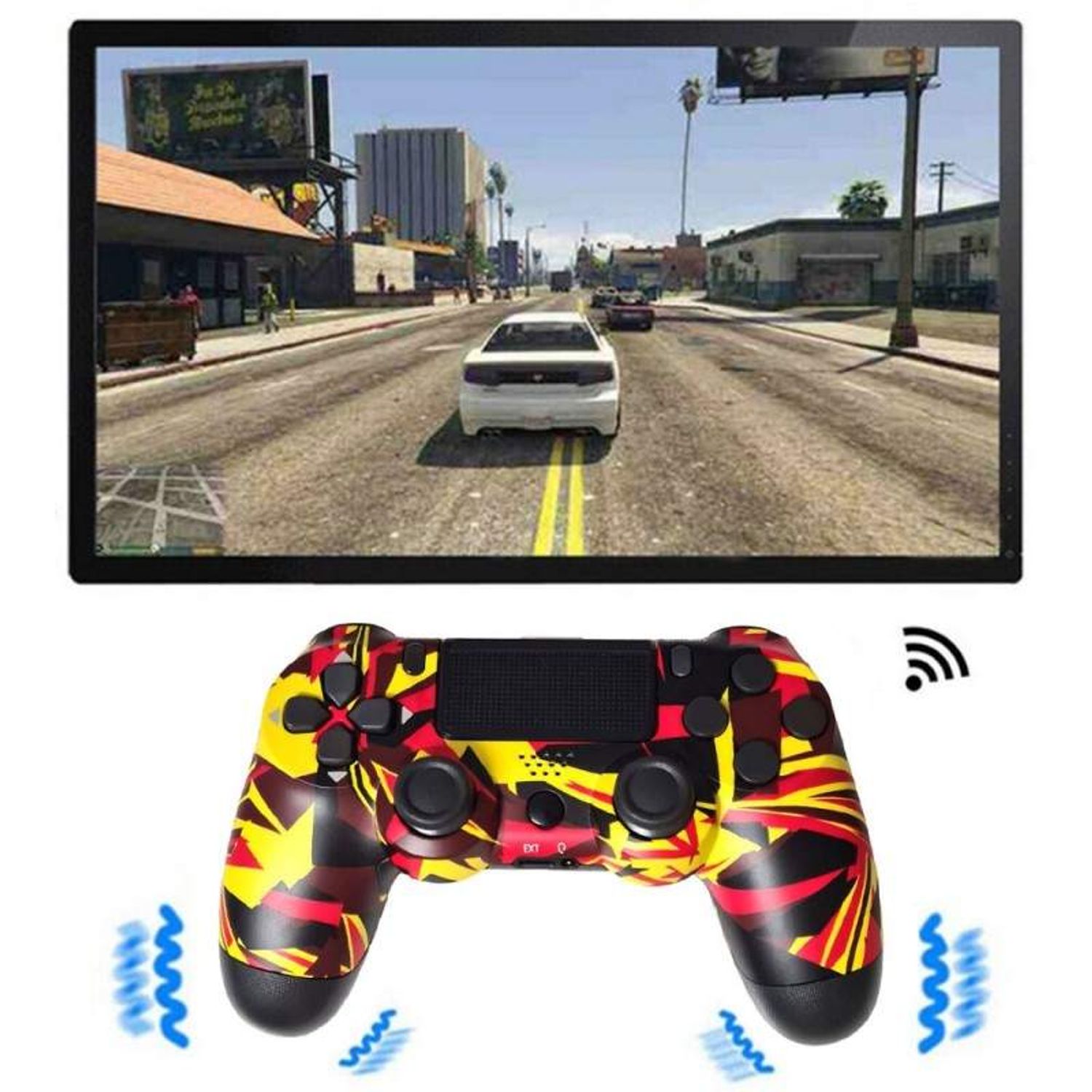 Controller compatibil PS4 SIKS, fara fir, wireless, Incarcare USB, Graffiti Galben, Model 3 fotografia produsului View 3 L