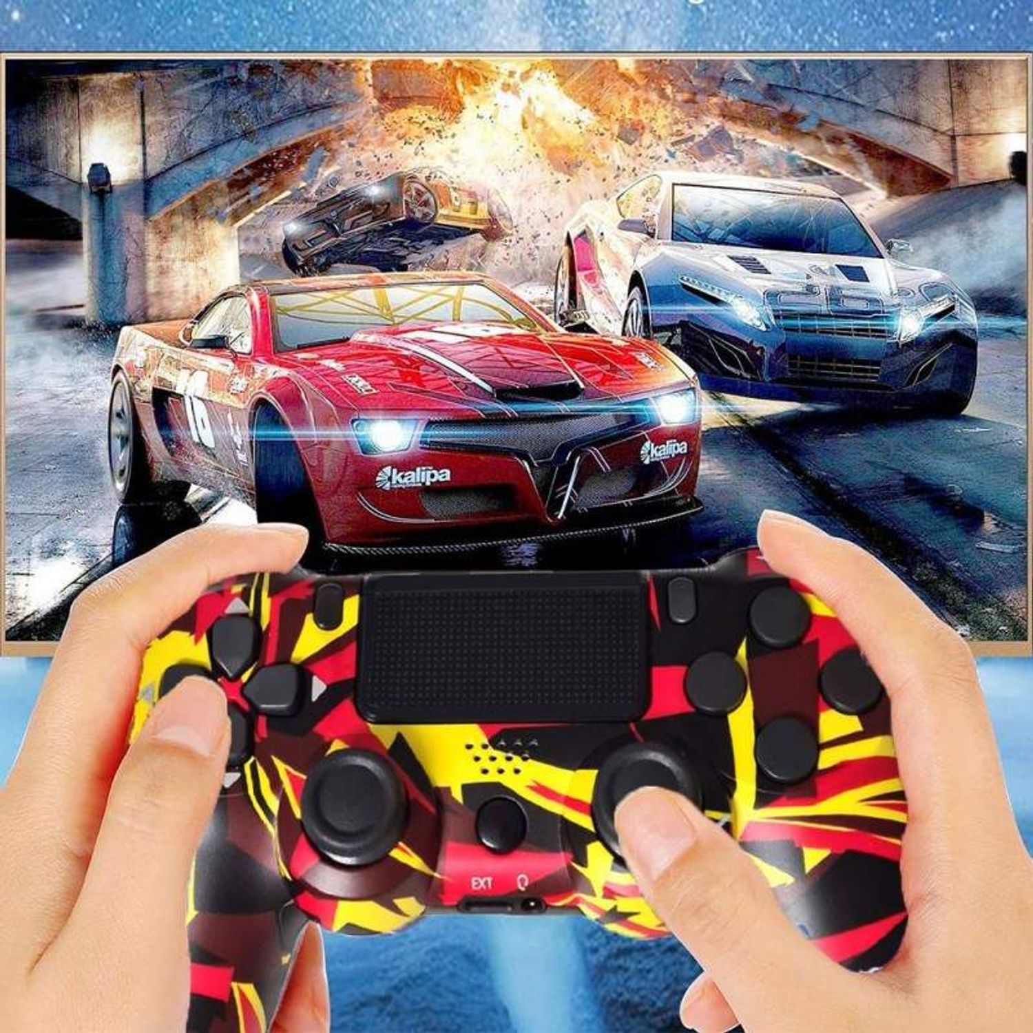 Controller compatibil PS4 SIKS, fara fir, wireless, Incarcare USB, Graffiti Galben, Model 3 fotografia produsului View 4 L