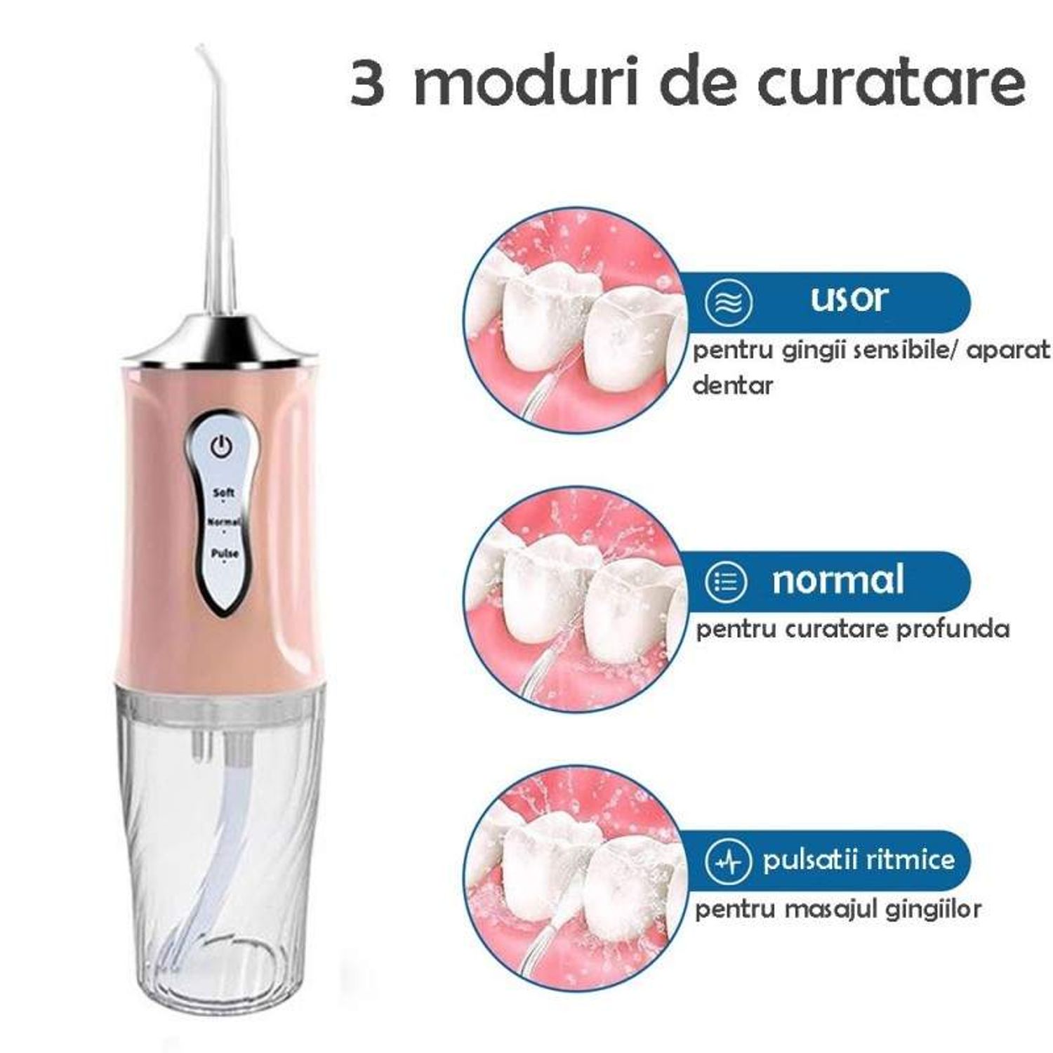 Irigator Oral SIKS Pentru Dus Bucal, 3.5 W, Aparat Portabil Cu 4 Capete Curatare, Rezervor 230 ml, Roz fotografia produsului View 5 L