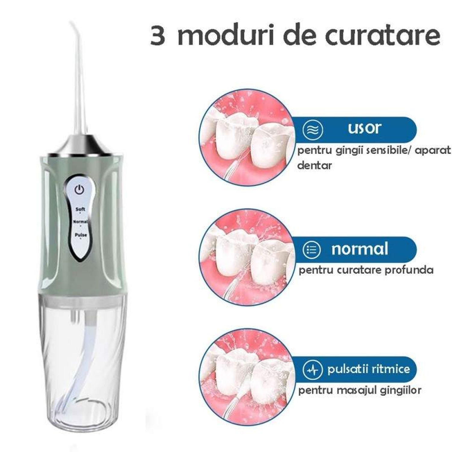 Irigator Oral SIKS Pentru Dus Bucal, 3.5 W, Aparat Portabil Cu 4 Capete Curatare, Silver/Verde Pal fotografia produsului View 6 L