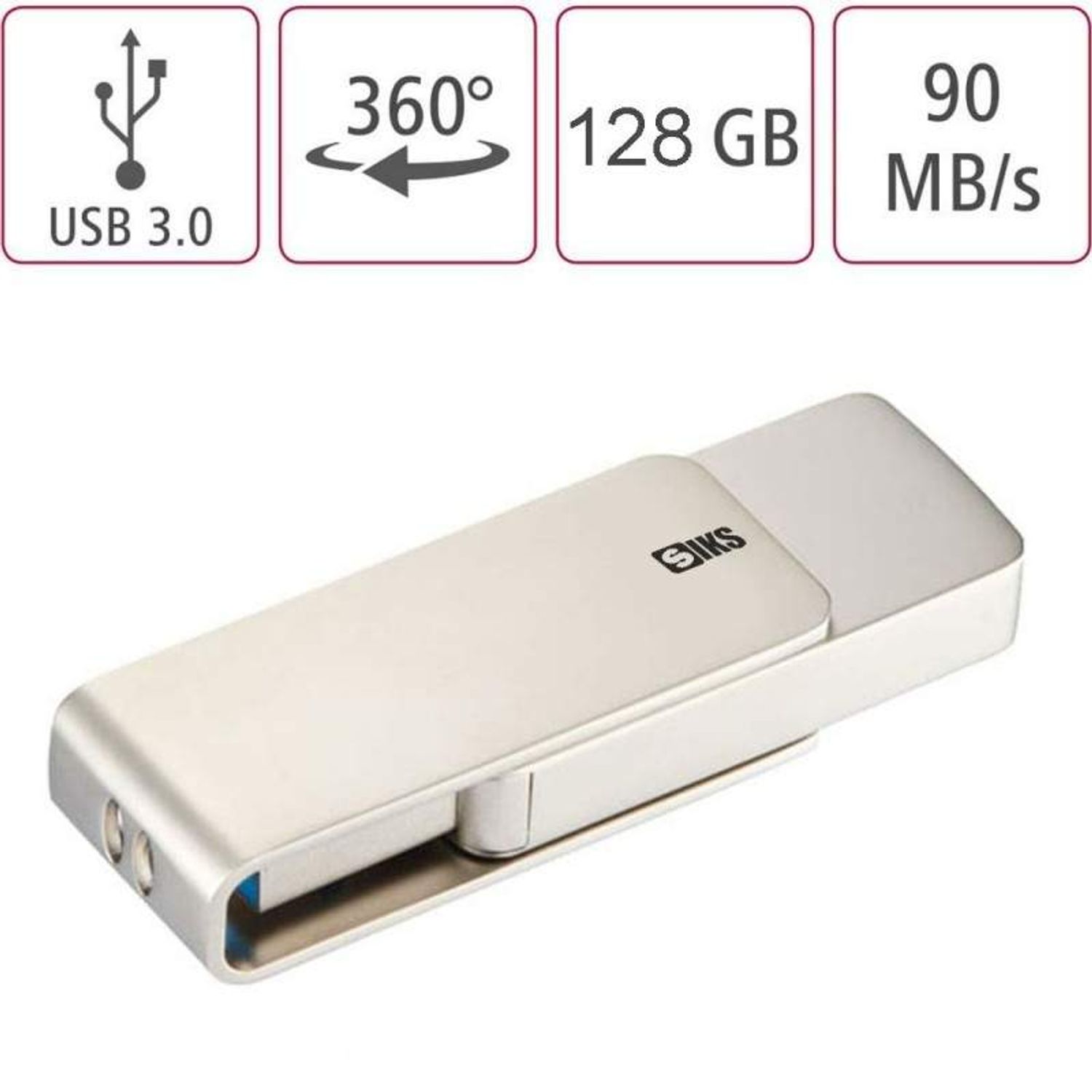 Memorie USB 3.0 SIKS, Capacitate 128 GB, 90 MB/s, Argintiu fotografia produsului View 5 L