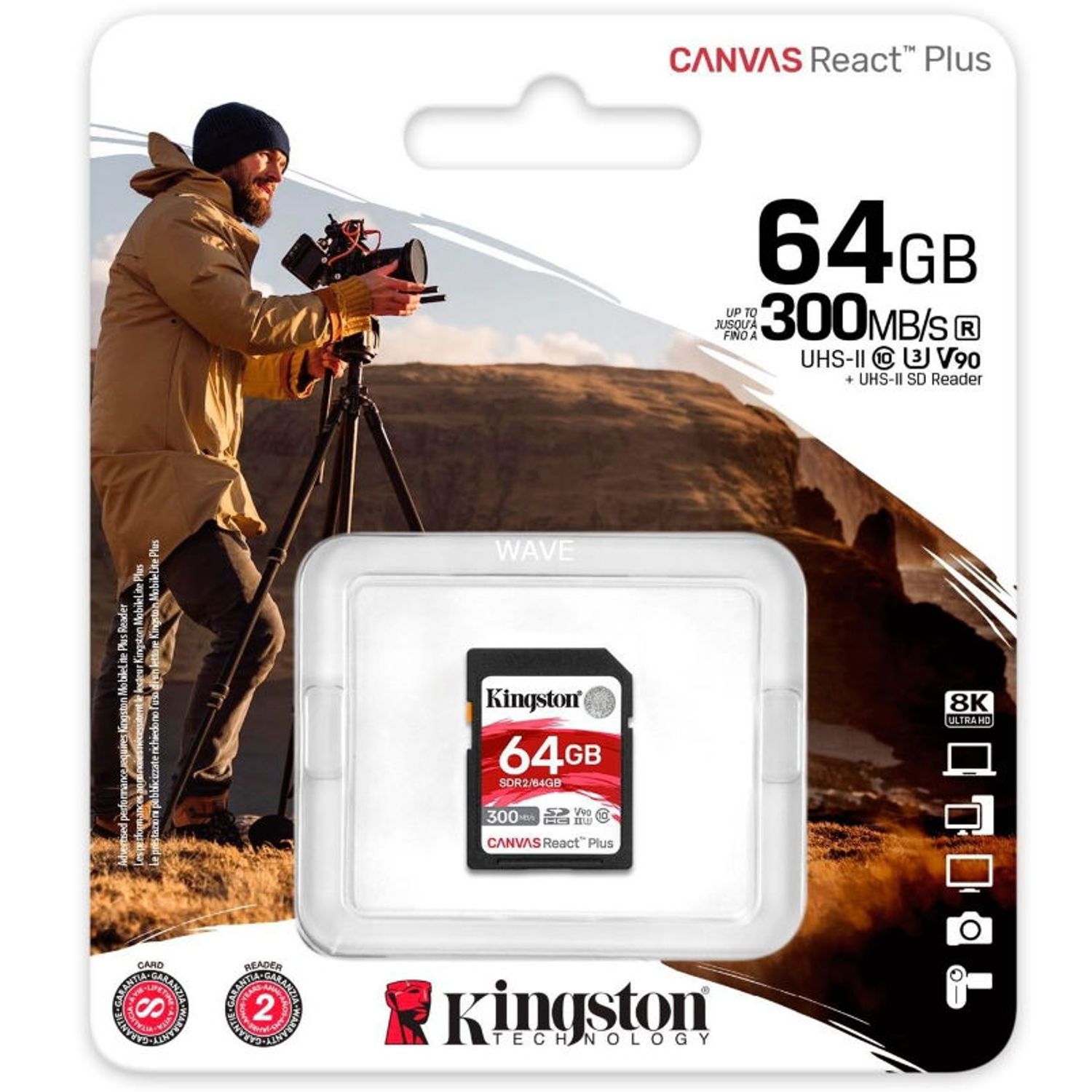 Card de memorie Kingston Canvas React Plus SDXC, 64GB, UHS-II U3, Class 10, V90 fotografia produsului View 2 L
