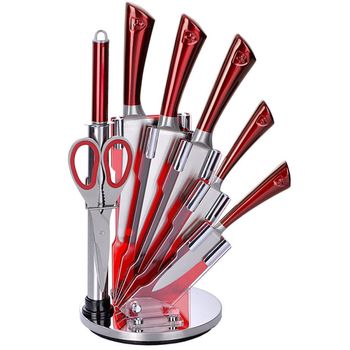 Set de cutite cu ascutitor si foarfece Royalty Line RL KSS804, 8 bucati, Stand, Otel inoxidabil, Rosu