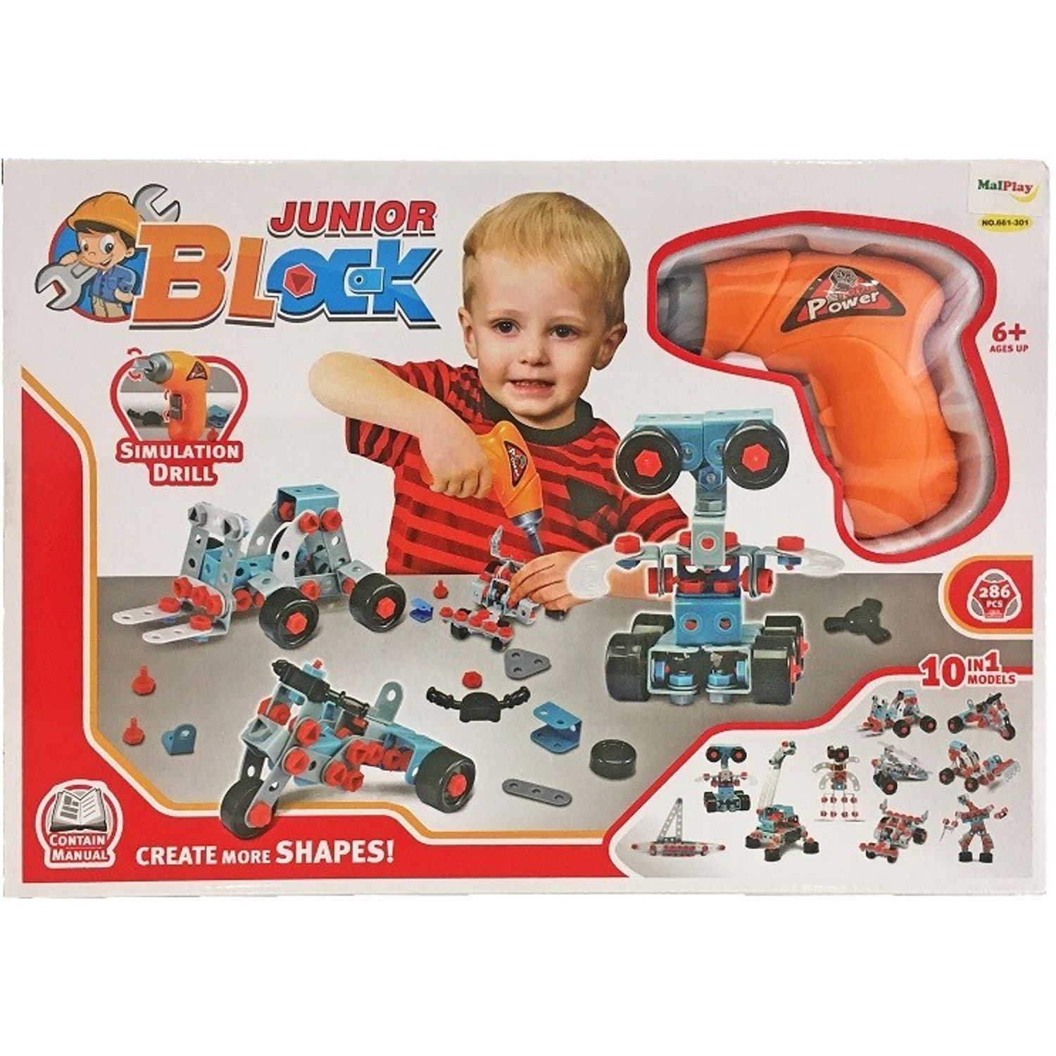 Set de constructii MalPlay Junior Block 286 piese si bormasina cu baterii fotografia produsului