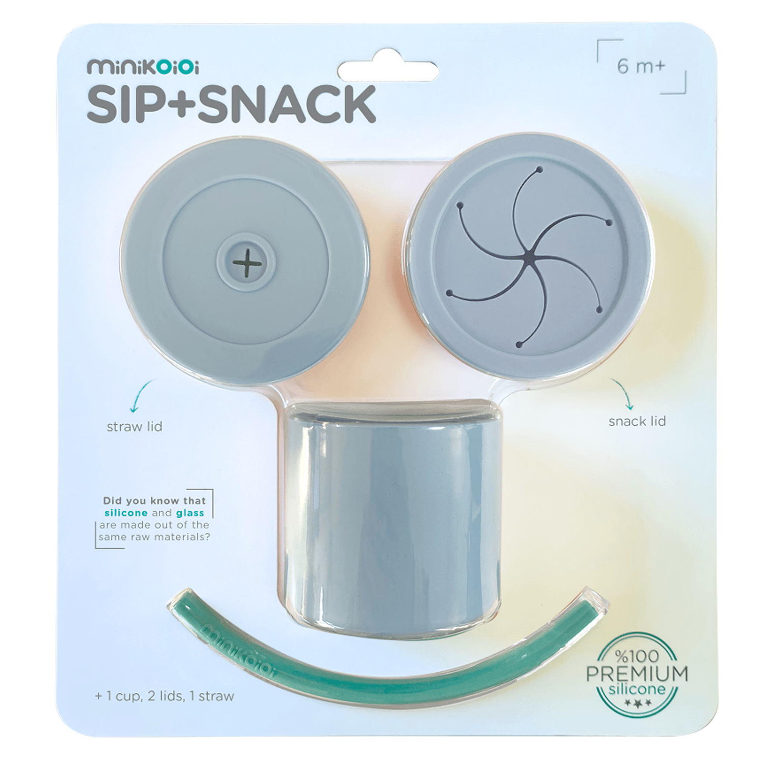 Cana cu pai si recipient gustari Minikoioi, 100% Premium Silicone, Sip+Snack – Mineral Blue/Aqua Green fotografia produsului View 3 L