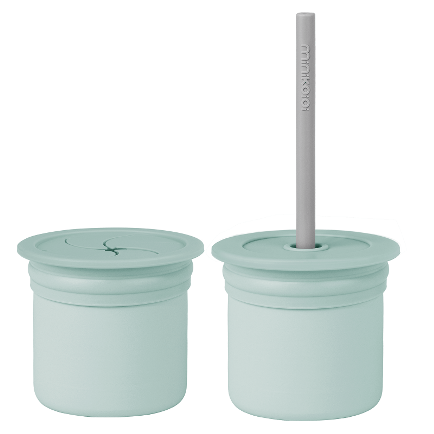 Cana cu pai si recipient gustari Minikoioi, 100% Premium Silicone, Sip+Snack – River Green / Powder Grey fotografia produsului