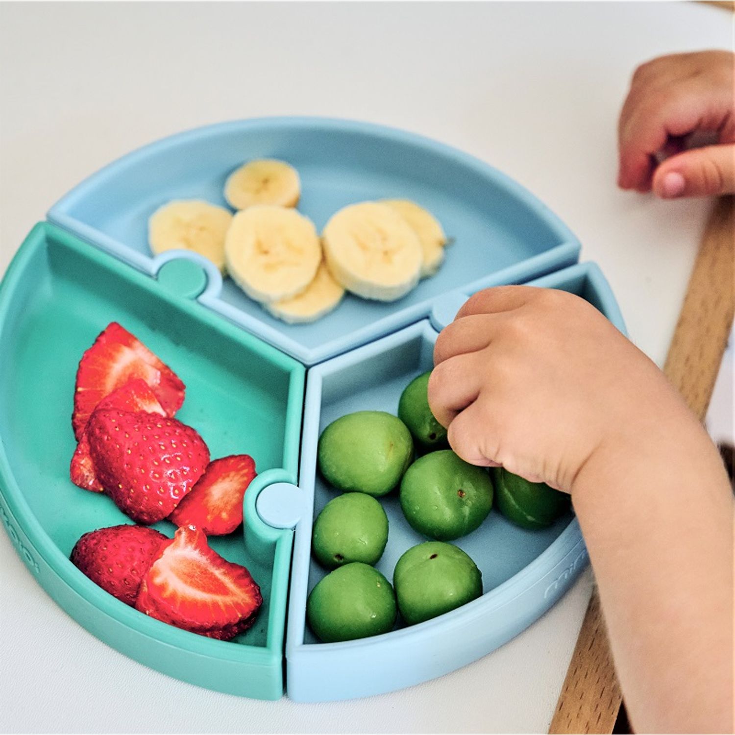 Farfurie Puzzle Minikoioi, 100% Premium Silicone – Aqua Green / Powder Grey fotografia produsului View 5 L