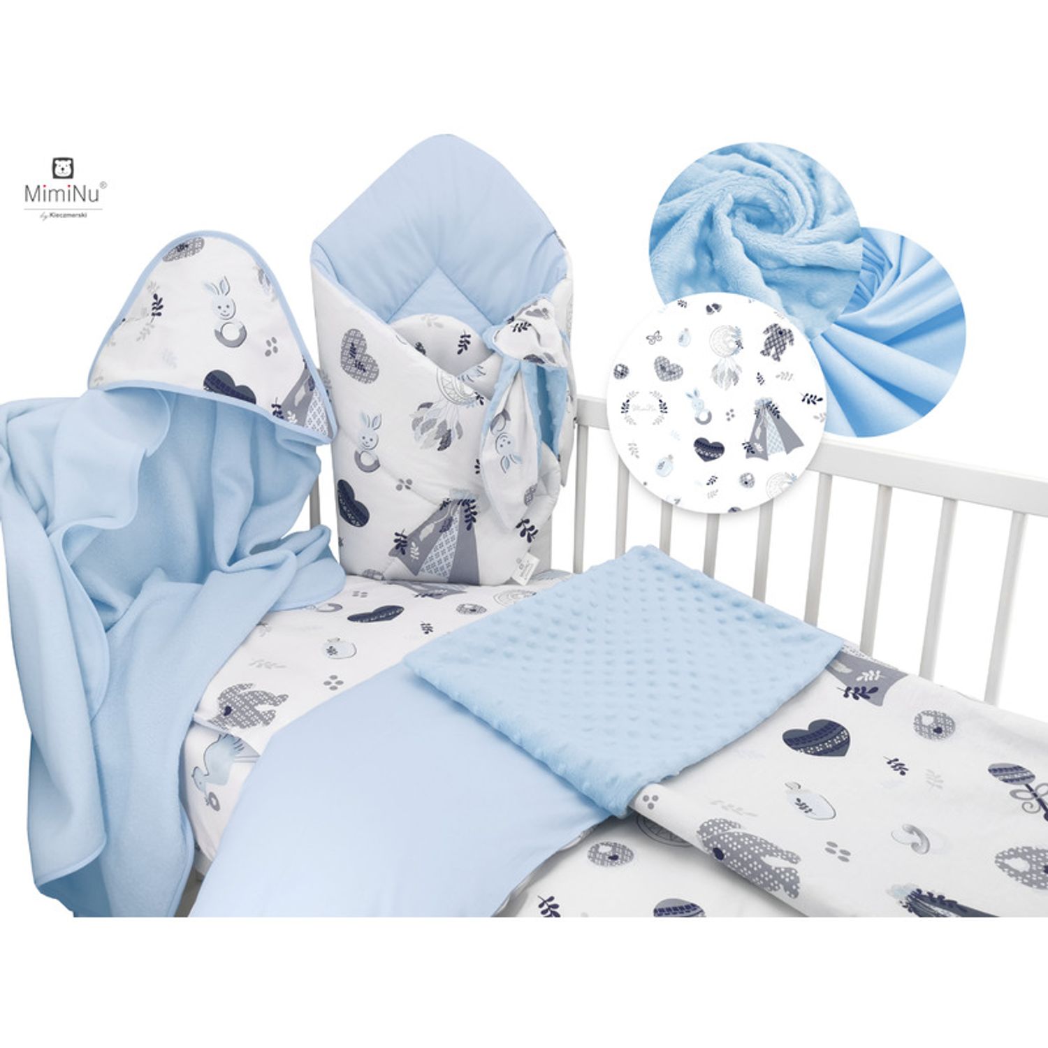 MimiNu-Set 6+1 piese,Include paturica,Prosop,Cearceaf,Husa pentru perna si pilota,Jucarie, Bumbac,Baby Shower Blue fotografia produsului