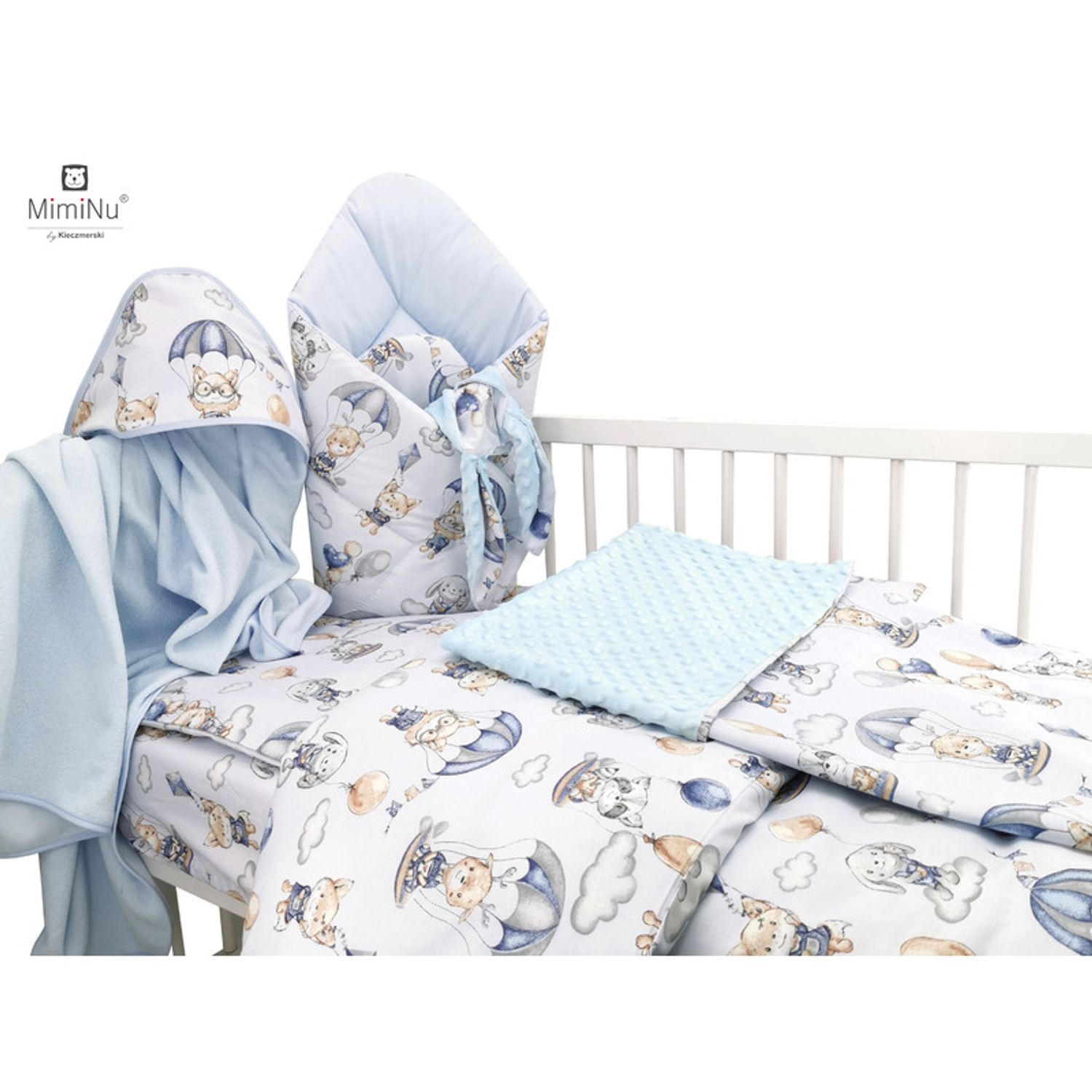 MimiNu-Set 6+1 piese,Include paturica,Prosop,Cearceaf,Husa pentru perna si pilota,Jucarie, Bumbac,Parachutes Blue fotografia produsului