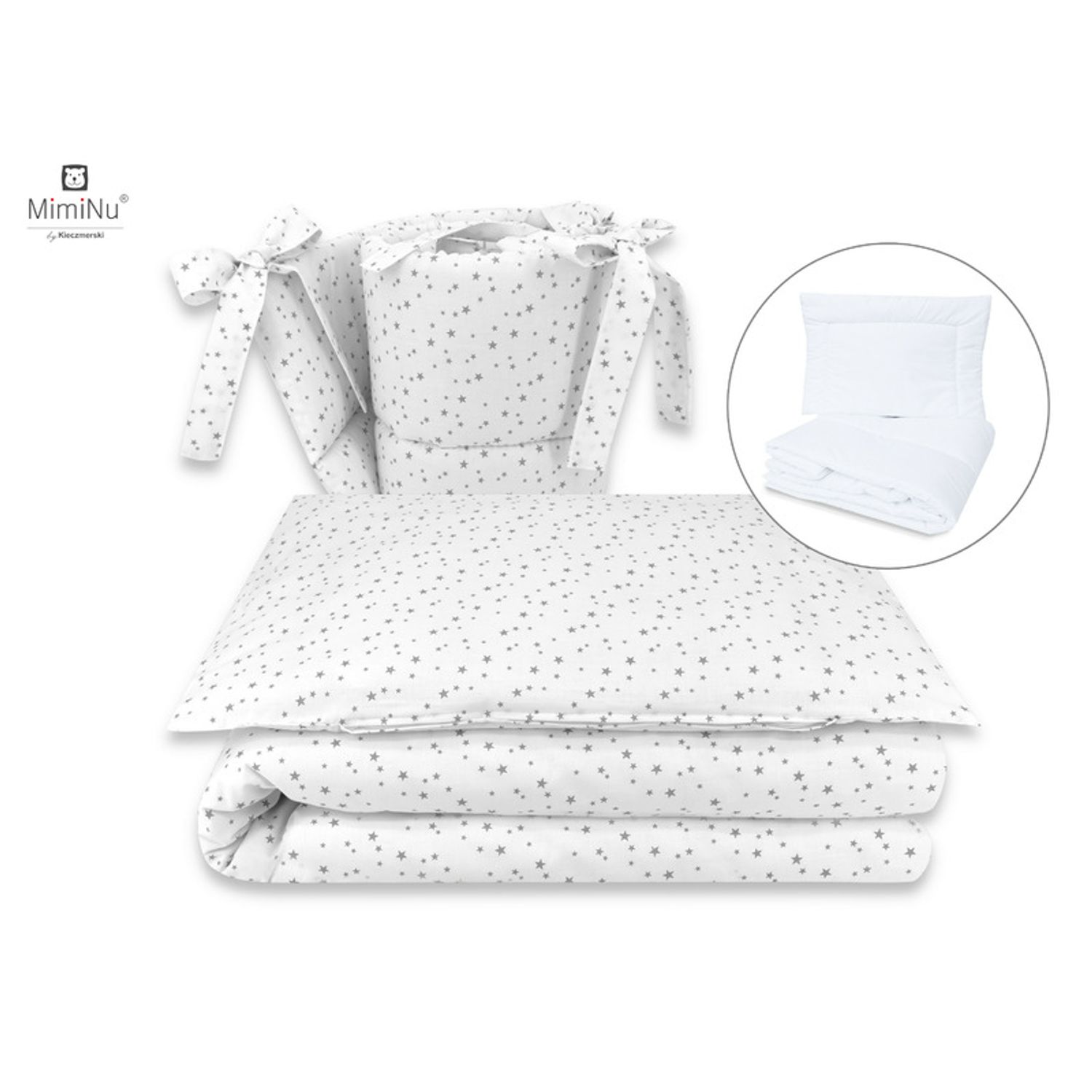 MimiNu - Set lenjerie patut 5 piese  Cu pilota si perna  Din bumbac, Pentru patut 120x60 cm  Mini Gray Stars fotografia produsului