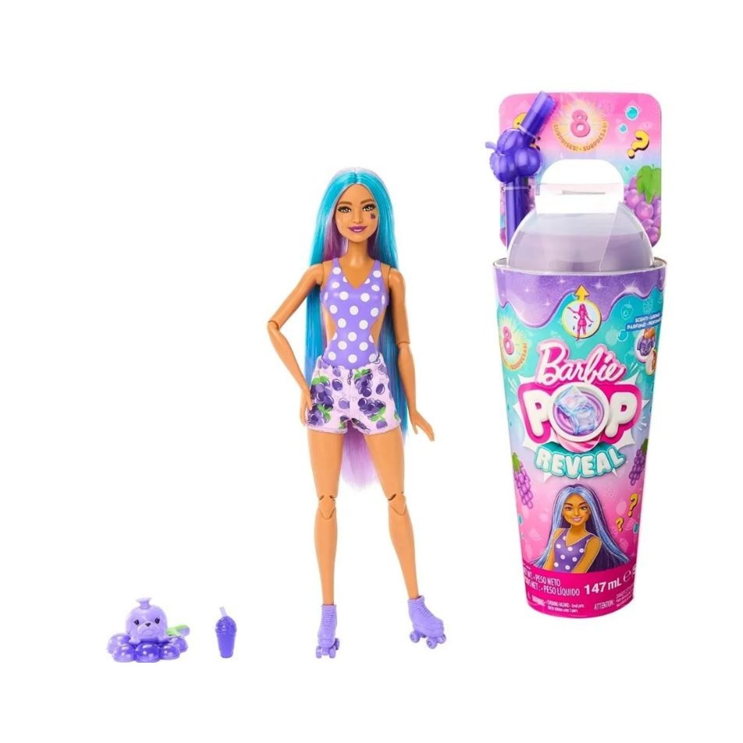 Barbie Pop Reveal Juicy Fruits Series Fizz, 8 surprize, Slime, Color Change, struguri, bleu fotografia produsului