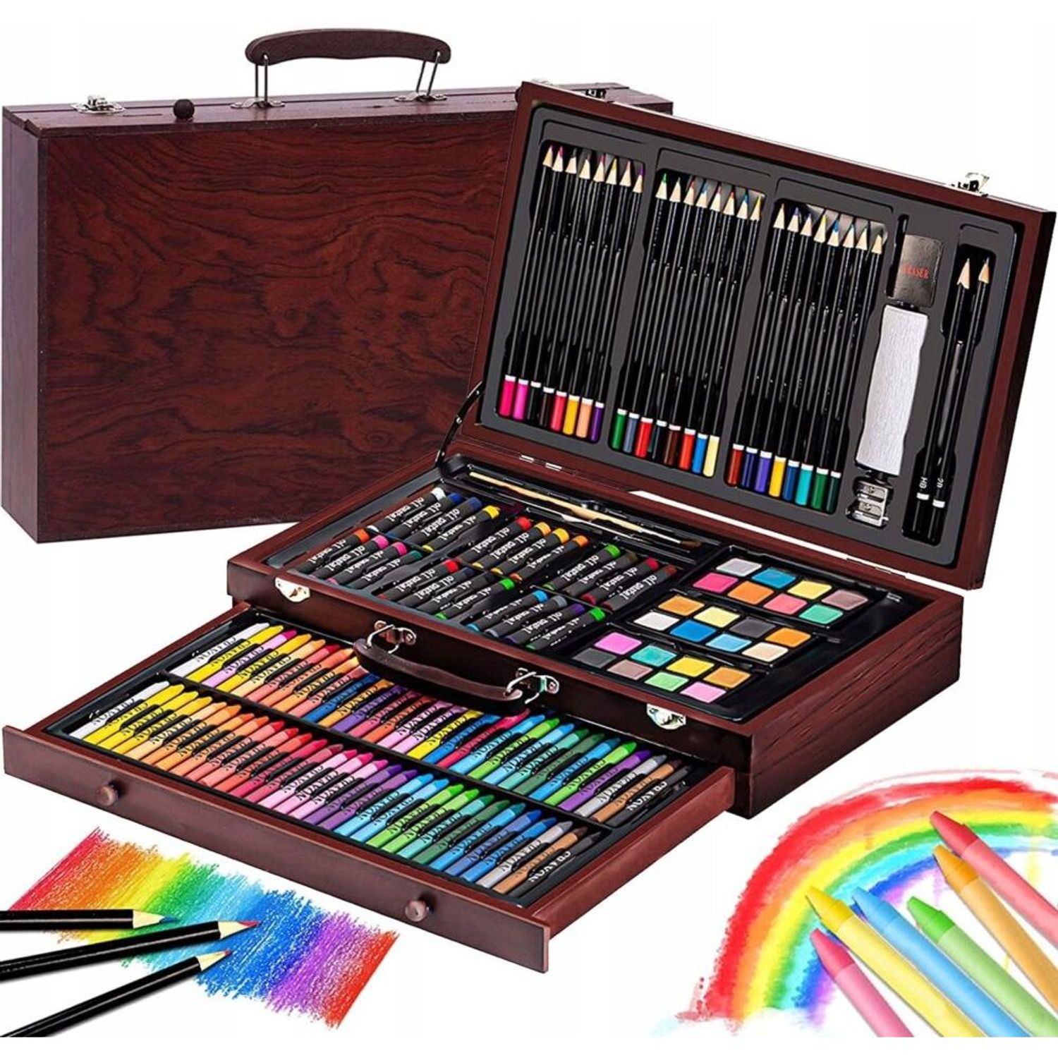 Set 142 piese pictura, pixuri de colorat, creioane colorate si vopsele de pictura, geanta de transport din LEMN MASIV fotografia produsului View 2 L