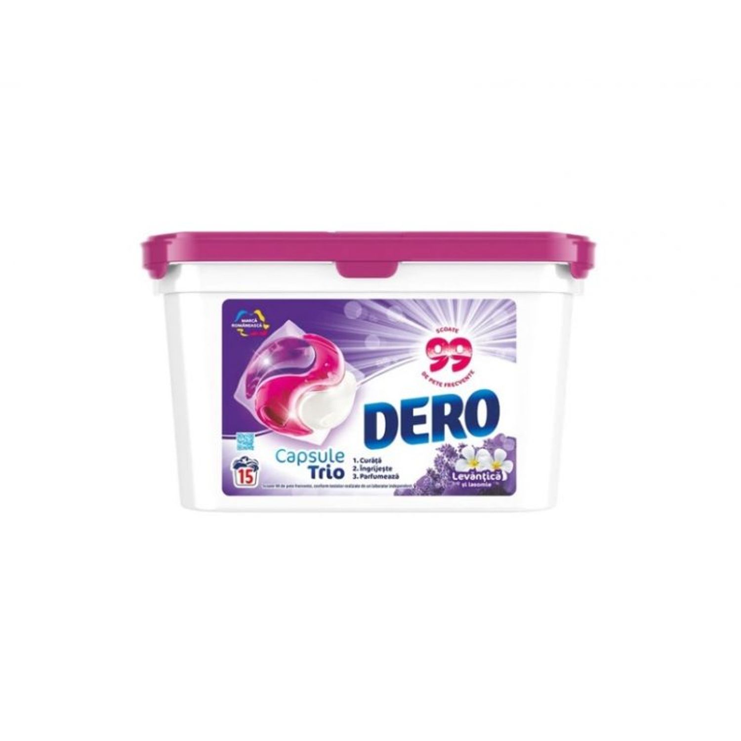 Detergent capsule Dero Trio Lavanda, 15 capsule, 15 spalari fotografia produsului