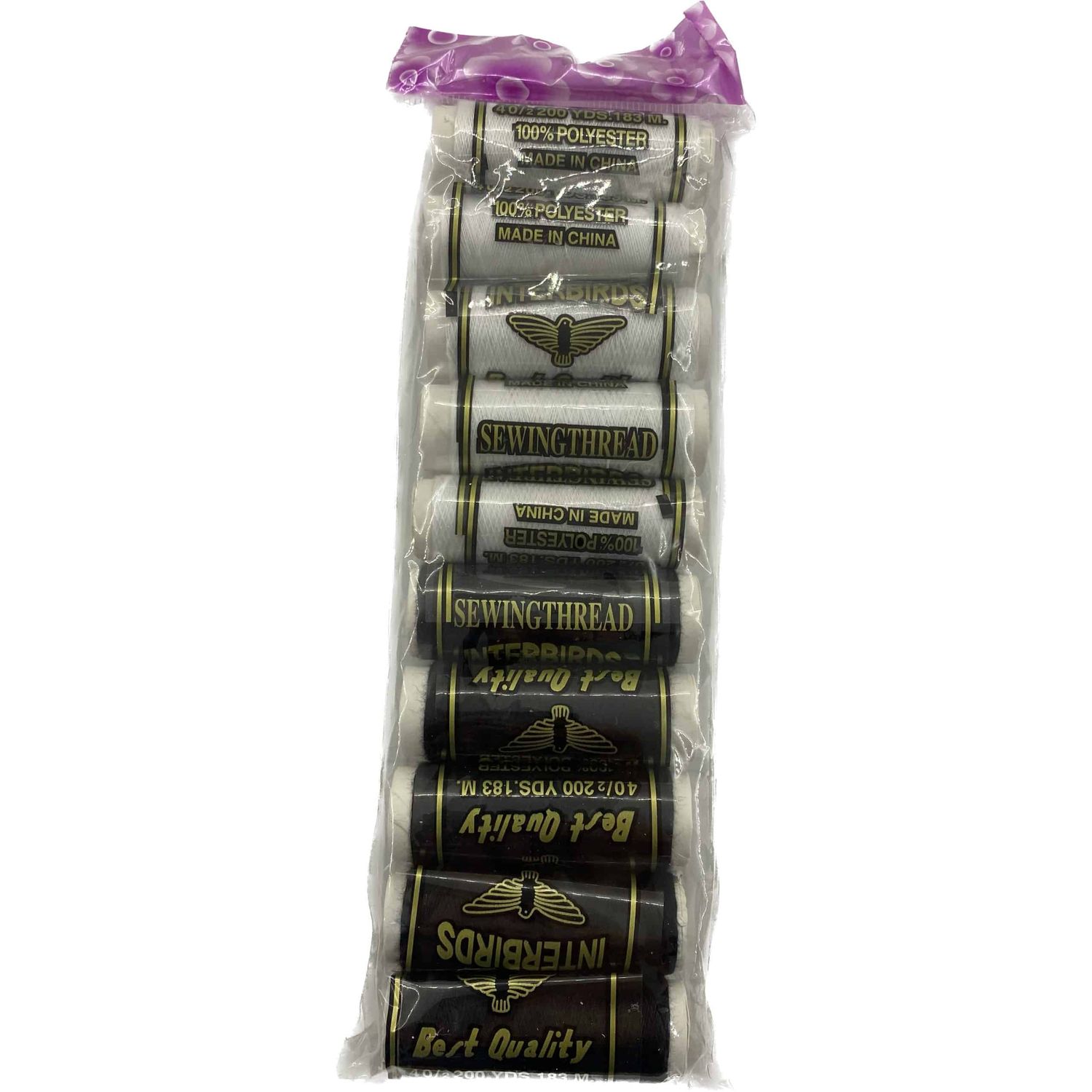 Set ata de cusut alb cu negru, 10 papiote, poliester, 183m fotografia produsului