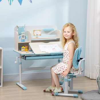 ZONEKIZ Set de birou si scaun cu inaltime reglabila pentru copii cu raft, sertar, suport pentru stilouri, albastru