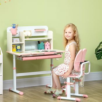 ZONEKIZ Birou de scriere si scaun pentru copii, masa de studiu cu raft, sertar, suport pentru stilouri, roz