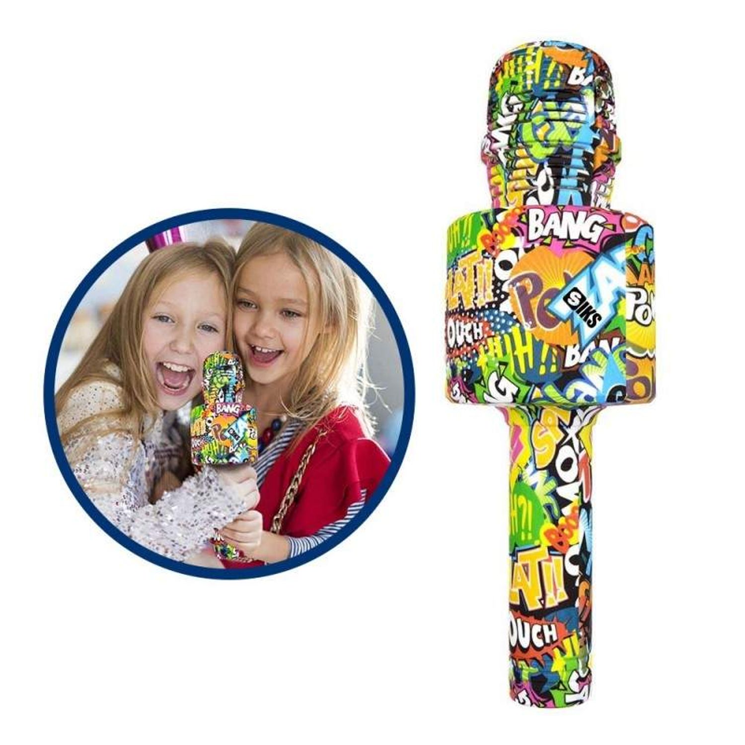 Microfon Wireless Karaoke SIKS, LY100, M4, Pentru Copii, Model Grafitti, IOS, Android, Tableta, PC, Bluetooth, USB fotografia produsului View 3 L