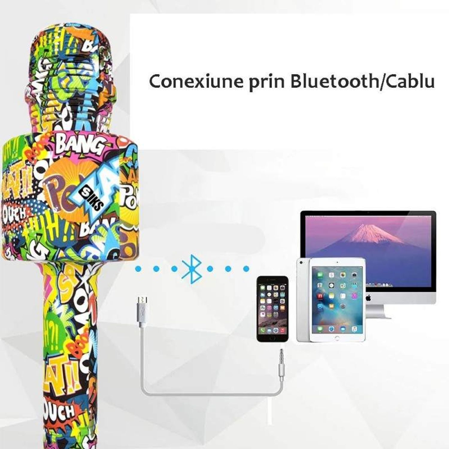Microfon Wireless Karaoke SIKS, LY100, M4, Pentru Copii, Model Grafitti, IOS, Android, Tableta, PC, Bluetooth, USB fotografia produsului View 4 L