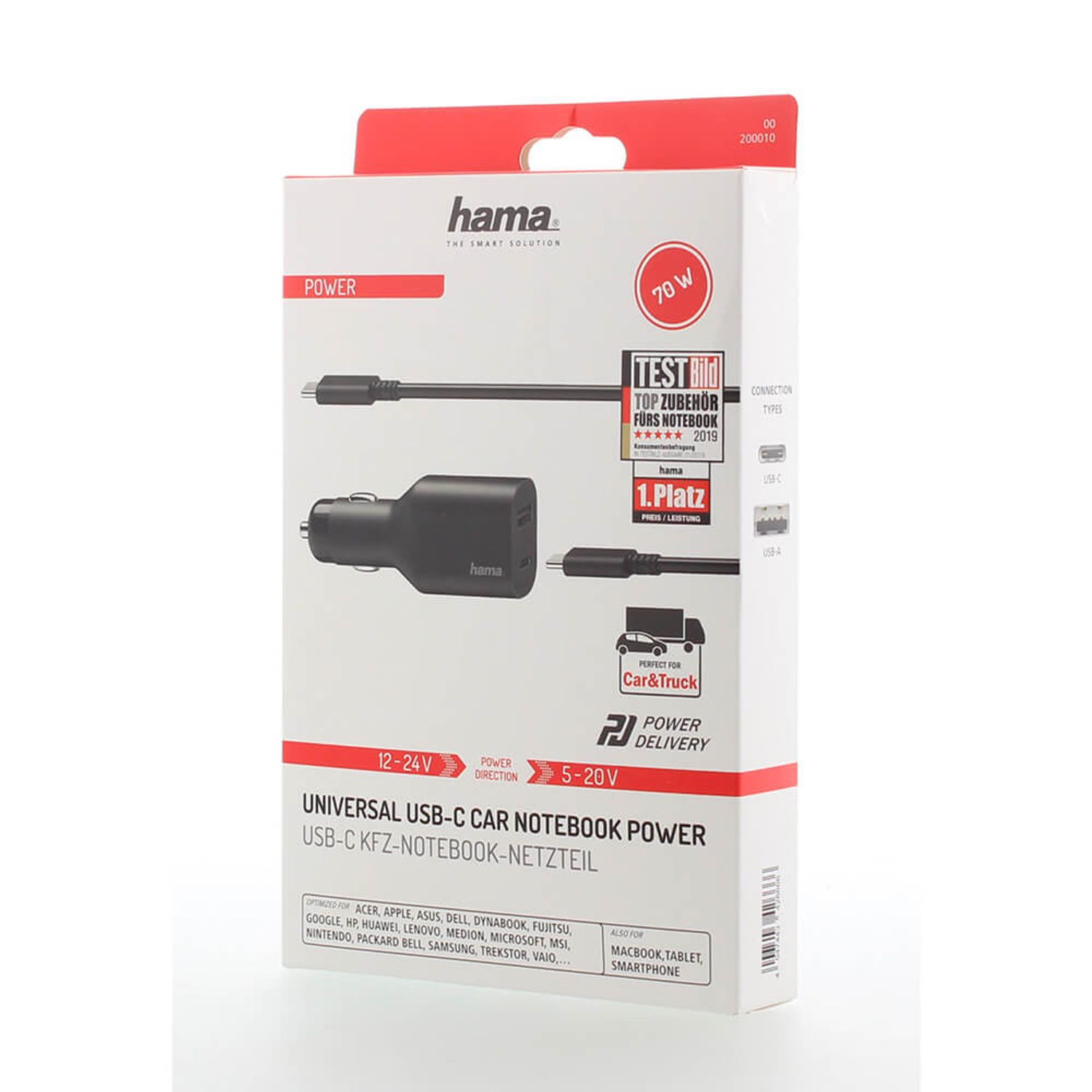 Alimentator laptop auto Hama USB-C Notebook Power, 5-20V/70W fotografia produsului View 2 L