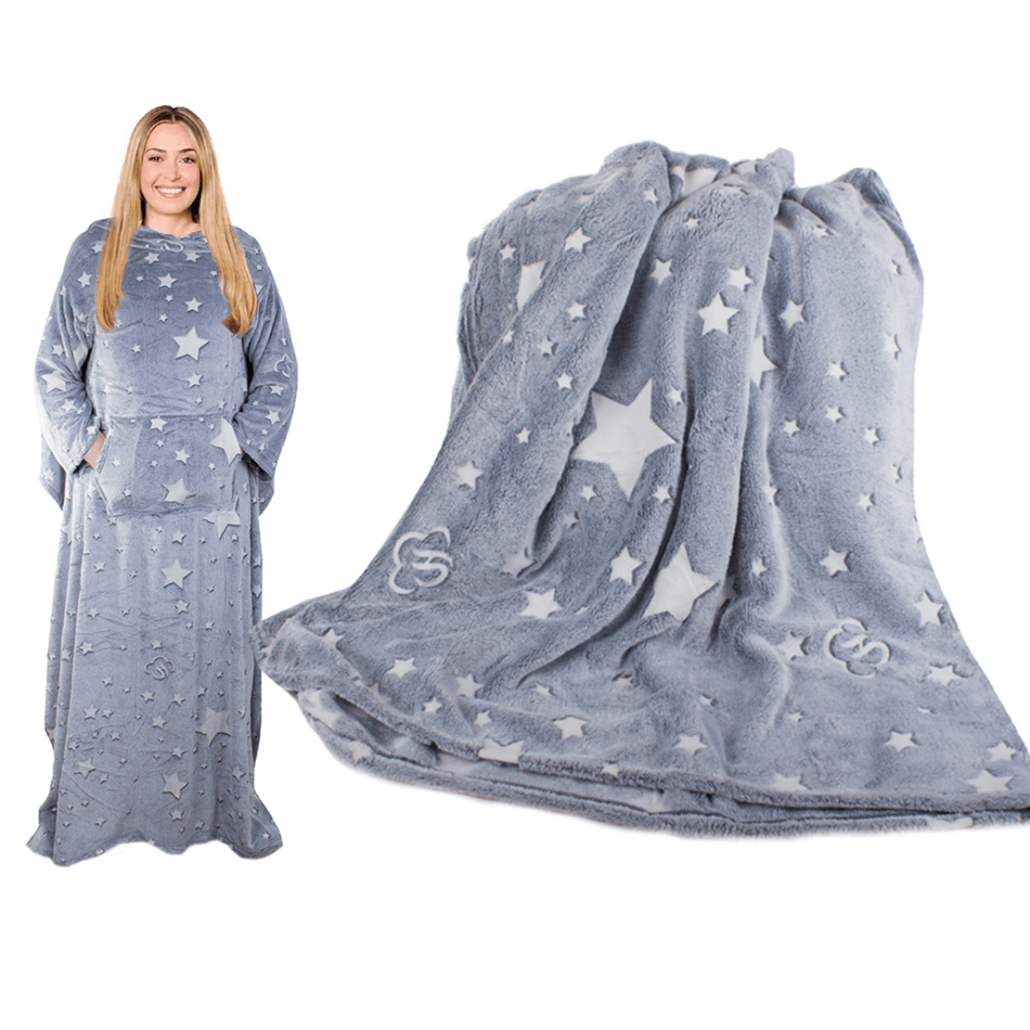 Patura din material pufos, cu maneci si buzunare, unisex, moale si confortabila, 190 x 170 cm - Gri fotografia produsului