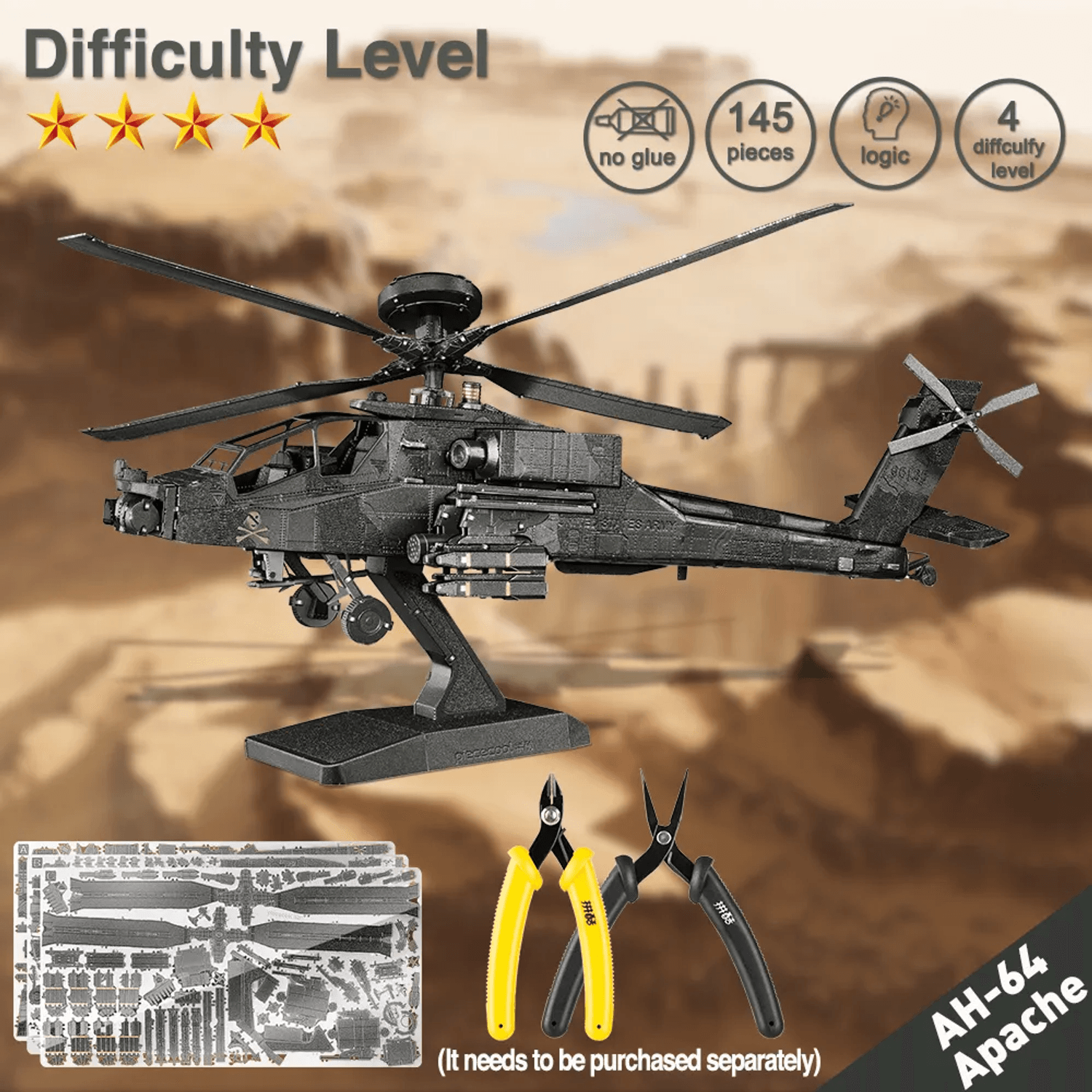 Puzzle 3D Piececool, Elicopter AH-64 Apache, Metal, 145 piese fotografia produsului View 5 L