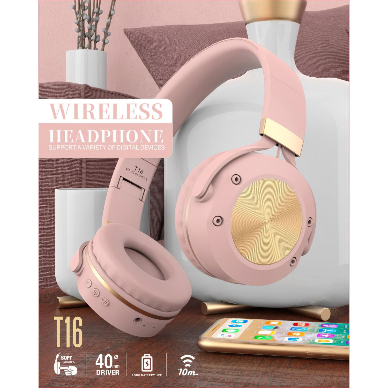 Casti wireless MRG M624, On Ear, Cu bluetooth, Roz fotografia produsului View 2 L
