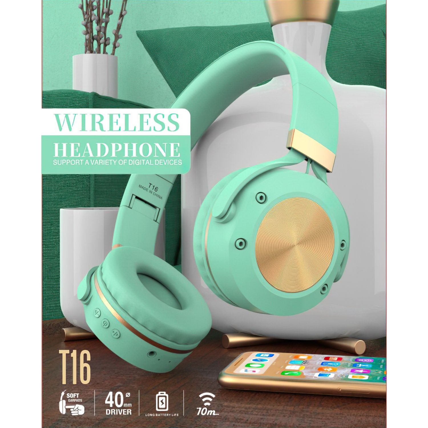 Casti wireless MRG M624, On Ear, Cu bluetooth, Turcoaz fotografia produsului View 2 L