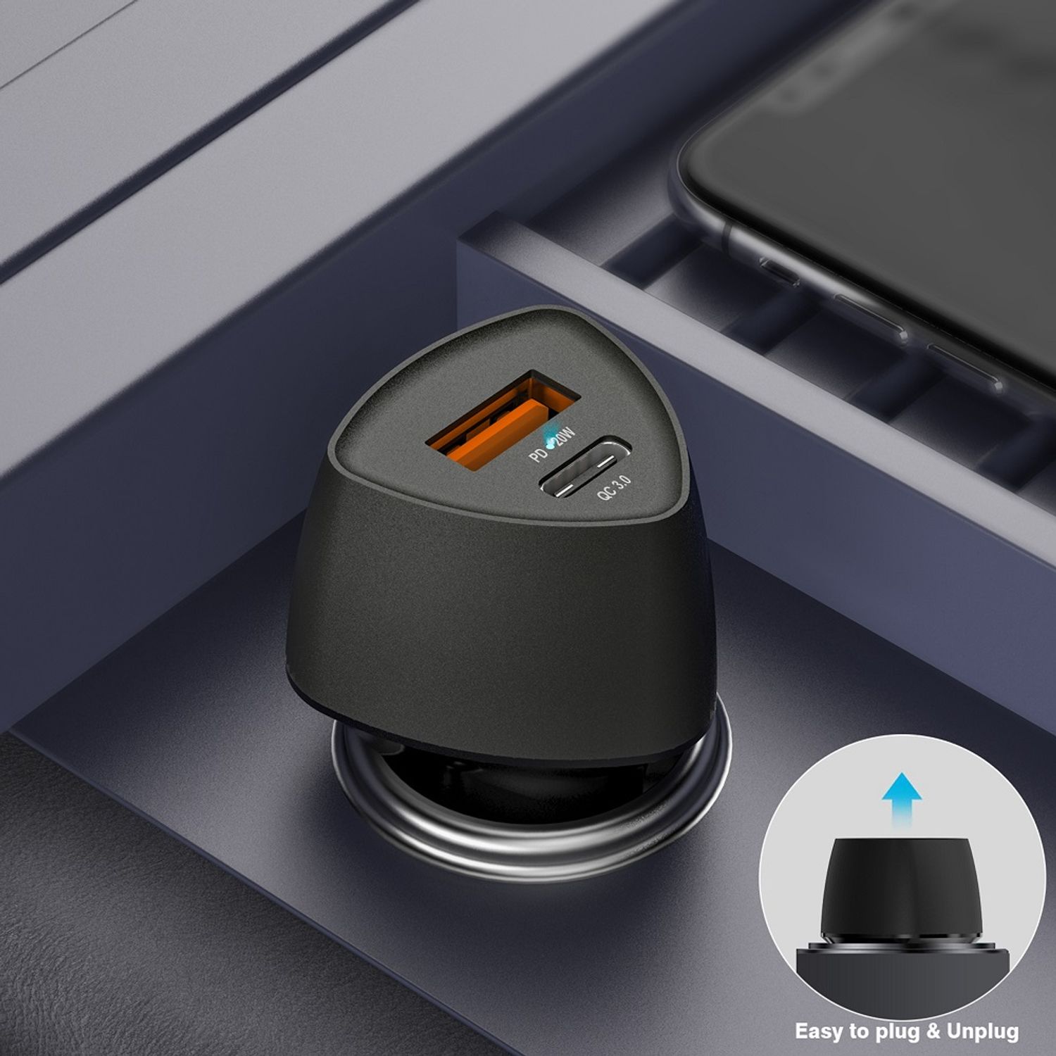 Incarcator Auto VEGER CC50, 38W, USB Type-C, Negru fotografia produsului View 5 L