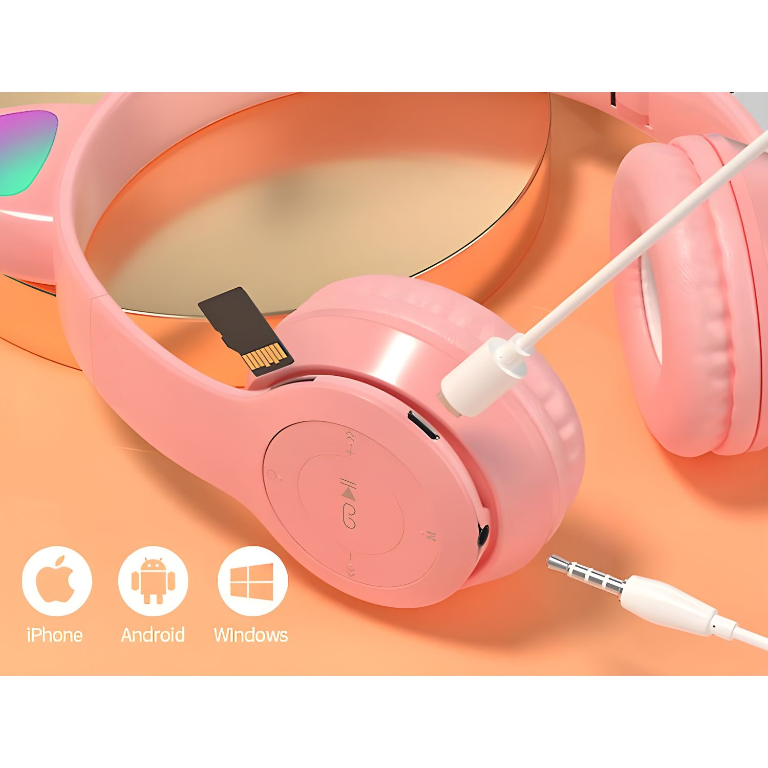 Casti On Ear MRG MY08CAT, Bluetooth, Tip pisica, Roz fotografia produsului View 6 L