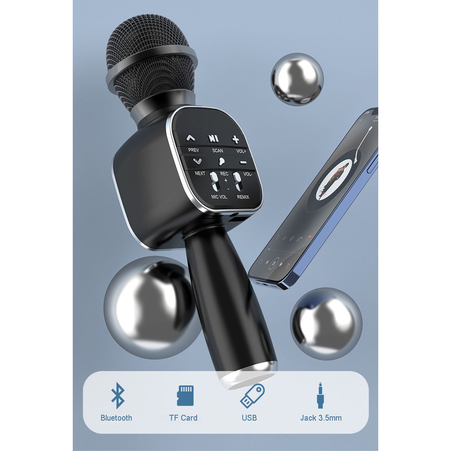 Microfon Karaoke MRG MDS813, Bluetooth, Reincarcabil, Negru fotografia produsului View 2 L