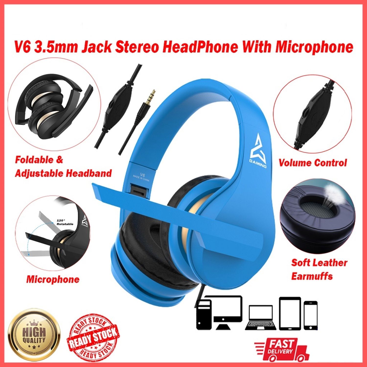 Casti Over Ear Gaming MRG MV6, cu Jack, Microfon, Albastru, fotografia produsului View 2 L
