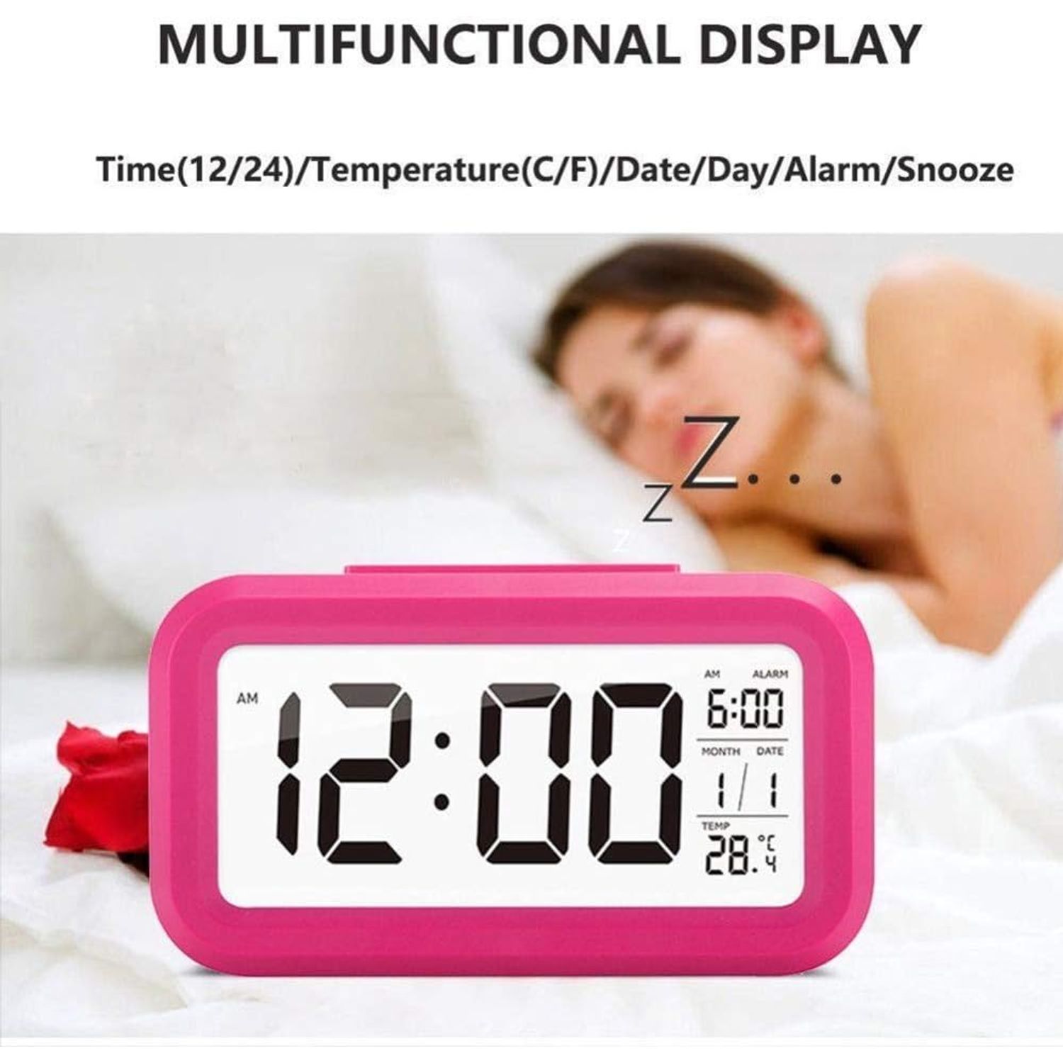 Ceas cu Termometru MRG M899, LCD , Lumina Noapte, Roz fotografia produsului View 3 L