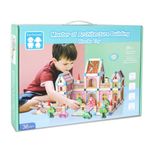 Set de 128 de piese de construit din lemn natural pentru copii, educational si creativ cu diferite ilustratii vesele fotografia produsului