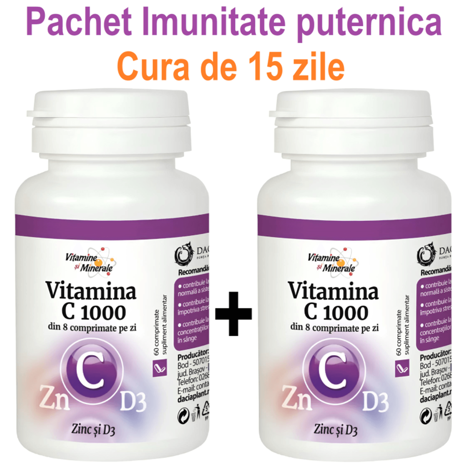 Pachet Vitamina C1000 Zinc D3 2x60cp - DACIA PLANT fotografia produsului