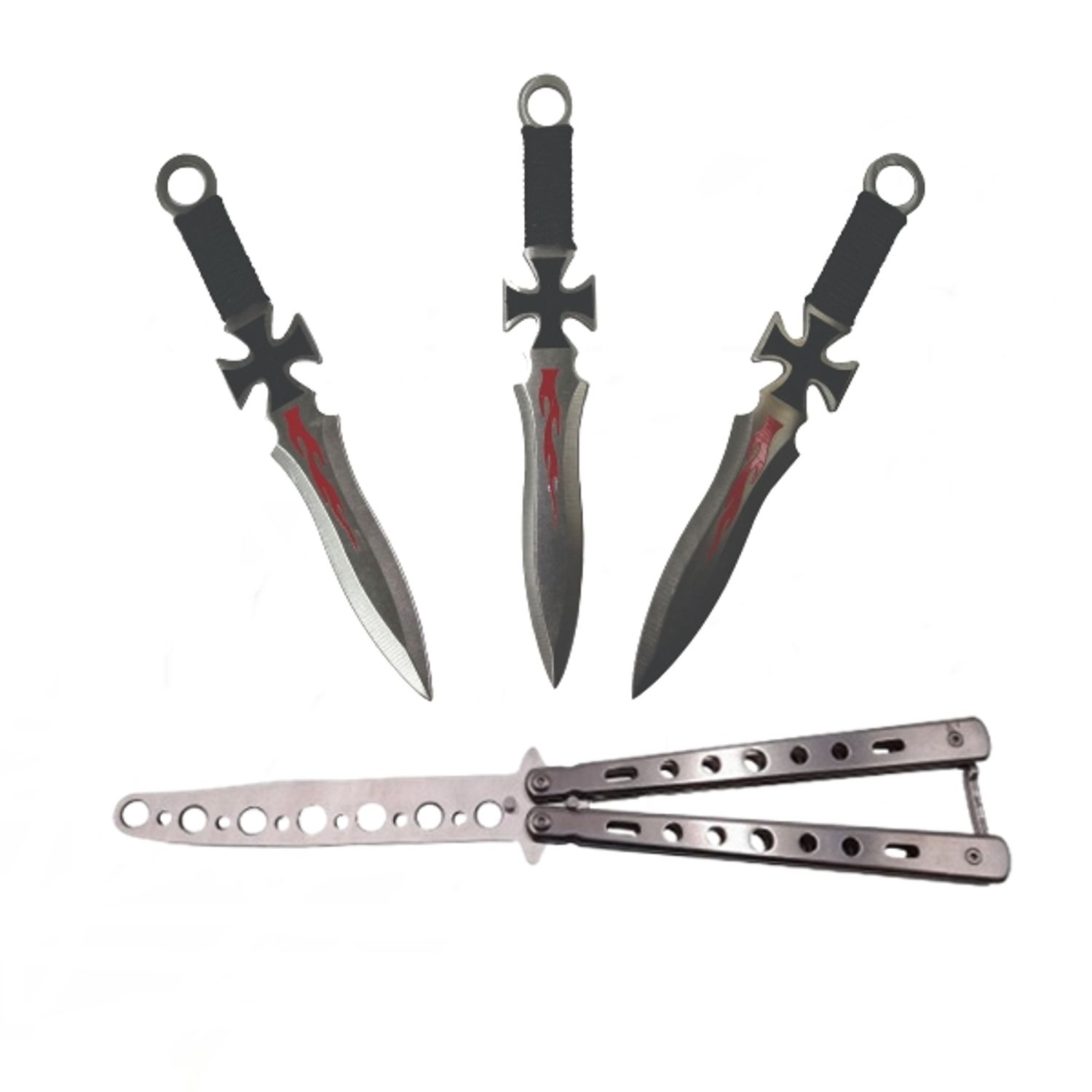Set Briceag fluture si 3 Cutite de aruncat , IdeallStore&reg; , Otel inoxidabil, fotografia produsului